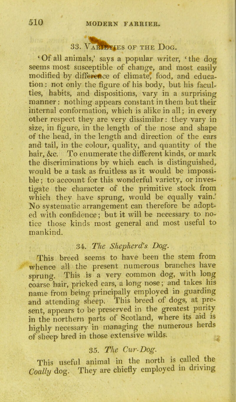 33. Vlfli^ Es OF THE Dog. * Of all animals,' says a popular writer, ' the dog seems most susceptible of change, and most easily modified by diffei^ce of climate^ food, and educa- tion : not only the figure of his body, but his facul- ties, habits, and dispositions, vary in a surprising manner: nothing appears constant in them but their internal conformation, which is alike in all; in every other respect they are very dissimilar: they vary in size, in figure, in the length of the nose and shape of the head, in the length and direction of the ears and tail, in the colour, quality, and quantity of the hair, &c. To enumerate the different kinds, or mark the discriminations by which each is distinguished, would be a task as fruitless as it would be impossi- ble; to account for this wonderful variety, or inves- tigate the character of the primitive stock from which they have sprung, would be equally vain.' No systematic arrangement can therefore be adopt- ed with confidence; but it will be necessary to no- tice those kinds most general and most useful to mankind. 34. The Shepherd's Dog. This breed seems to have been the stem from whence all the present numerous branches have sprung. This is a very common dog, with long coarse hair, pricked ears, a long nose; and takes his name from being principally employed in guarding and attending sheep. This breed of dogs, at pre- sent, appears to be preserved in the greatest purity in the northern parts of Scotland, where its aid is highly necessary in managing the numerous herds of sheep bred iii those extensive wilds. 35. The Cur-Dog. This useful animal in the north is called the Coally dog. They are chiefly employed m drivmg