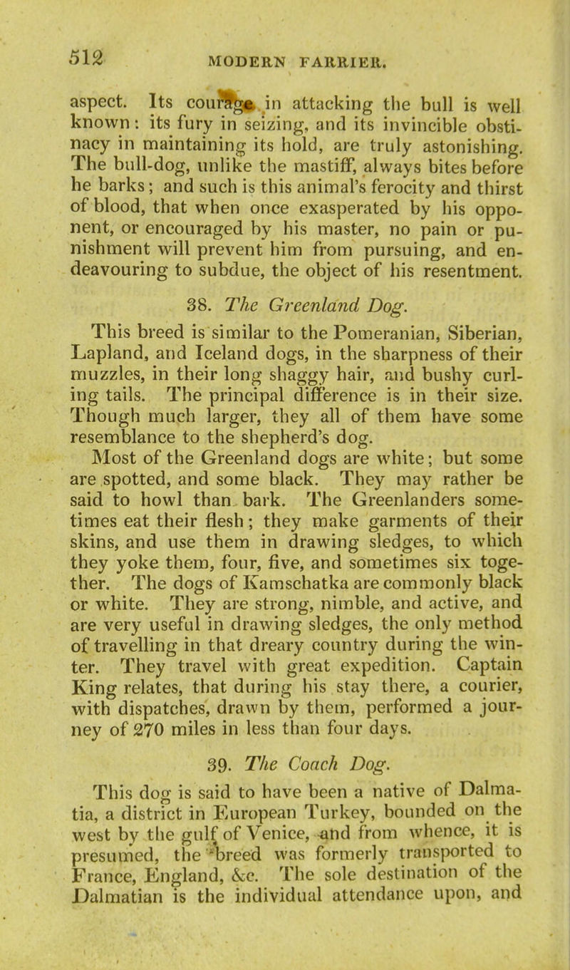 aspect. Its cou?[^.in attacking the bull is well known: its fury in seizing, and its invincible obsti- nacy in maintaining its hold, are truly astonishing. The bull-dog, unlike the mastiff, always bites before he barks; and such is this animal's ferocity and thirst of blood, that when once exasperated by his oppo- nent, or encouraged by his master, no pain or pu- nishment will prevent him from pursuing, and en- deavouring to subdue, the object of his resentment. 38. 2^ke Greenland Dog. This breed is similar to the Pomeranian, Siberian, Lapland, and Iceland dogs, in the sharpness of their muzzles, in their long shaggy hair, and bushy curl- ing tails. The principal difference is in their size. Though much larger, they all of them have some resemblance to the shepherd's dog. Most of the Greenland dogs are white; but some are spotted, and some black. They may rather be said to howl than bark. The Greenlanders some- times eat their flesh; they make garments of their skins, and use them in drawing sledges, to which they yoke them, four, five, and sometimes six toge- ther. The dogs of Kamschatka are commonly black or white. They are strong, nimble, and active, and are very useful in drawing sledges, the only method of travelling in that dreary country during the win- ter. They travel with great expedition. Captain King relates, that during his stay there, a courier, with dispatches, drawn by them, performed a jour- ney of 270 miles in less than four days. 39. The Conch Dog, This dog is said to have been a native of Dalma- tia, a district in European Turkey, bounded on the west by the gulf of Venice, ^nd from whence, it is presumed, the *^reed was formerly trans|>orted to France, England, &e. The sole destination of the Dalmatian is the individual attendance upon, and