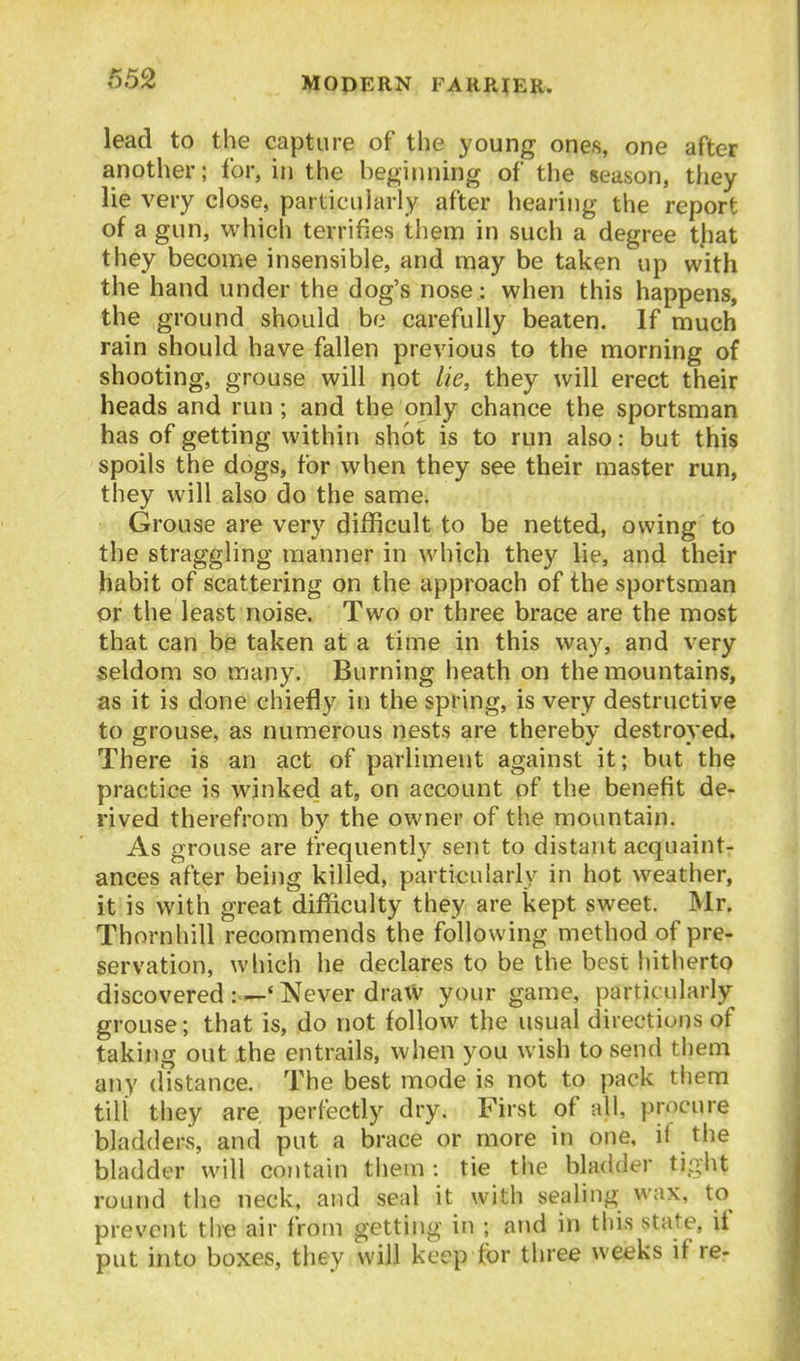 lead to the capture of the young ones, one after another; for, in the beginning of the season, they lie very close, particularly after hearing the report of a gun, which terrifies them in such a degree t}iat they become insensible, and may be taken up with the hand under the dog's nose: when this happens, the ground should be carefully beaten. If much rain should have fallen previous to the morning of shooting, grouse will not lie, they will erect their heads and run; and the only chance the sportsman has of getting within shot is to run also: but this spoils the dogs, for when they see their master run, they will also do the same. Grouse are very difficult to be netted, owing to the straggling manner in which they lie, and their habit of scattering on the approach of the sportsman or the least noise. Two or three brace are the most that can be taken at a time in this way, and very seldom so many. Burning heath on the mountains, as it is done chiefly in the spring, is very destructive to grouse, as numerous nests are thereby destroyed. There is an act of parliment against it; but the practice is winked at, on account of the benefit de- rived therefrom by the owner of the mountain. As grouse are frequently sent to distant acquaint- ances after being killed, partieuiarly in hot weather, it is with great difficulty they are kept sweet. Mr. Thornhill recommends the following method of pre- servation, which he declares to be the best hitherto discovered Never draw your game, partic ularly grouse; that is, do not follow the usual directions of taking out the entrails, when you wish to send them any distance. The best mode is not to pack them till they are perfectly dry. First of all, procure bladders, and put a brace or more in one, if the bladder will contain them : tie the bladder tight round the neck, and seal it with sealing wax, to prevent th« air from getting in ; and in this state, if put into boxes, they will keep for three weeks if re-