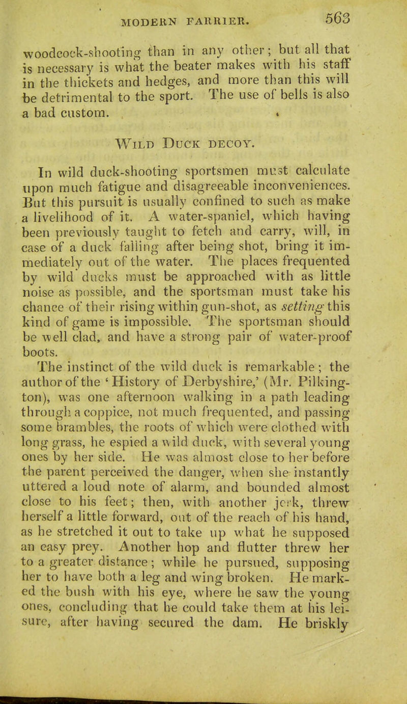 woodcock-shooting than in any other; but all that is necessary is what the beater makes with his stafF in the tliickets and hedges, and nfiore than this will be detrimental to the sport. The use of bells is also a bad custom. ♦ Wild Duck decoy. In wild duck-shooting sportsmen must calculate upon much fatigue and disagreeable inconveniences. But this pursuit is usually confined to such as make a livelihood of it. A water-spaniel, which having been previously taught to fetch and carry, will, in case of a duck failing after being shot, bring it im- mediately out of the water. The places frequented by wild ducks must be approached with as little noise as possible, and the sportsman must take his chance of their rising within gun-shot, as setting this kind of game is impossible. The sportsman should be well clad, and have a strong pair of water-proof boots. The instinct of the wild duck is remarkable; the author of the 'History of Derbyshire,' (Mr. Pilking- ton), was one afternoon walking in a path leading through a coppice, not much frequented, and passing some brambles, the roots of which were clothed with long grass, he espied a wild duck, with several young ones by her side. He was almost close to her before the parent perceived the danger, w^hen she instantly- uttered a loud note of alarm, and bounded almost close to his feet; then, with another jc.- k, threw herself a little forward, out of the reach of iiis hand, as he stretched it out to take up what he supposed an easy prey. Another hop and flutter threw her to a greater distance; while he pursued, supposing her to have both a leg and wing broken. He mark- ed the bush with his eye, where he saw the young ones, concluding that he could take them at his lei- sure, after having secured the dam. He briskly