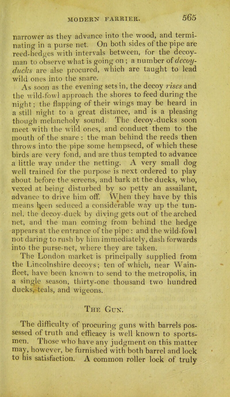 narrower as they advance into the wood, and termi- nating in a purse net. On both sides of the pipe are reed-hedwes with intervals between, for the decoy- man to observe what is going on; a number of decoy- ducks are also procured, which are taught to lead wild ones into the snare. As soon as the evening sets in, the decoy rises and the wild-fowl approach the shores to feed during the night; the flapping of their wings may be heard in a still night to a great distance, and is a pleasing though melancholy sound. The decoy-ducks soon meet with the wild ones, and conduct them to the mouth of the snare : the man behind the reeds then throws into the pipe some hempseed, of which these birds are very fond, and are thus tempted to advance a little way under the netting. A very small dog well trained for the purpose is next ordered to play about before the screens, and bark at the ducks, who, vexed at being disturbed by so petty an assailant, advance to drive him off. When they have by this means t^een seduced a considerable way up the tun- nel, the decoy-duck by diving gets out of the arched net, and the man coming from behind the hedge appears at the entrance of the pipe: and the wild-fowl not daring to rush by him immediately, dash forwards into the purse-net, where they are taken. The London market is principally supplied from the Lincolnshire decoys; ten of which, near Wain- fleet, have been known to send to the metropolis, in a single season, thirty-one thousand two hundred ducksj-teals, and wigeons. The Gun. The difficulty of procuring guns with barrels pos- sessed of truth and efficacy is well known to sports- men. Those who have any judgment on this matter may, however, be furnished with both barrel and lock to his satisfaction. A common roller lock of truly
