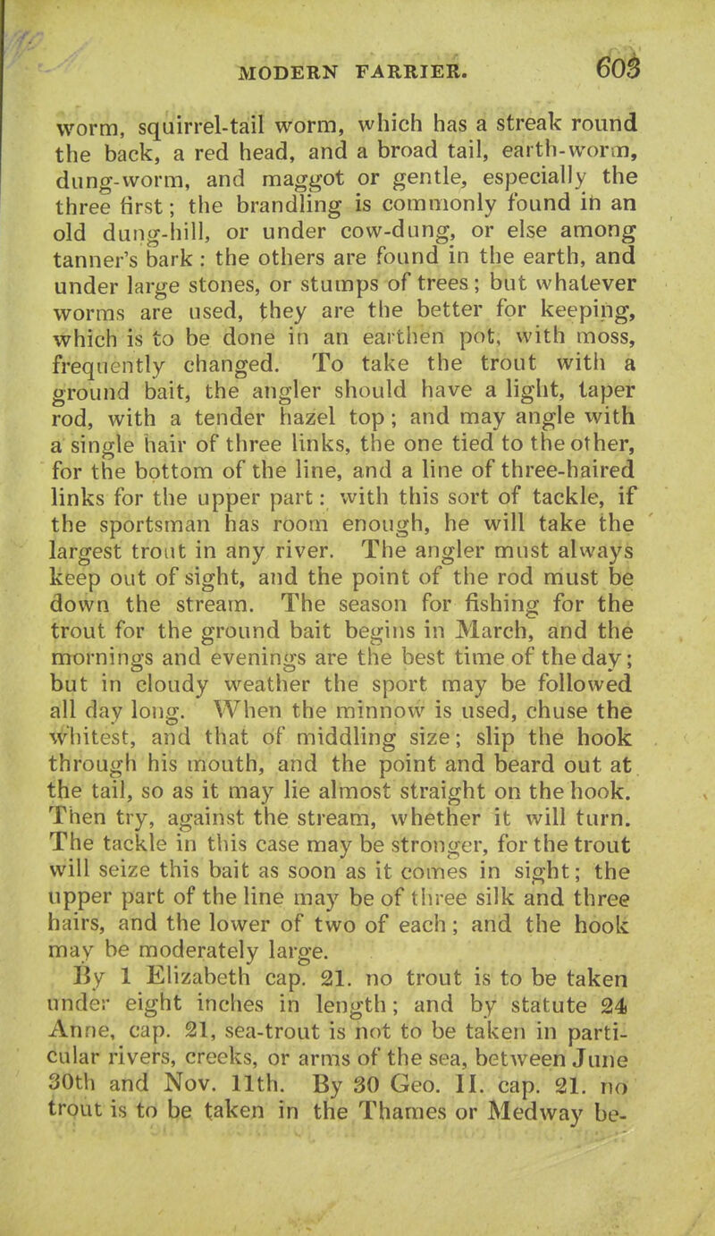 60S worm, squirrel-tail worm, which has a streak round the back, a red head, and a broad tail, earth-worm, dung-worm, and maggot or gentle, especially the three first; the brandling is commonly found iti an old dung-hill, or under cow-dung, or else among tanner's bark: the others are found in the earth, and under large stones, or stumps of trees; but whatever worms are used, they are the better for keeping, which is to be done in an earthen pot, with moss, frequently changed. To take the trout with a ground bait, the angler should have a light, taper rod, with a tender hazel top; and may angle with a single hair of three links, the one tied to the other, for the bottom of the line, and a line of three-haired links for the upper part: with this sort of tackle, if the sportsman has room enough, he will take the largest trout in any river. The angler must always keep out of sight, and the point of the rod must be down the stream. The season for fishing for the trout for the ground bait begins in March, and the mornings and evenings are the best time of the day; but in cloudy weather the sport may be followed all day long. When the minnow is used, chuse the \^hitest, and that of middling size; slip the hook through his mouth, and the point and beard out at the tail, so as it may lie almost straight on the hook. Then try, against the stream, whether it will turn. The tackle in this case may be stronger, for the trout will seize this bait as soon as it comes in sight; the upper part of the line may be of three silk and three hairs, and the lower of two of each; and the hook may be moderately large. By 1 Elizabeth cap. 21. no trout is to be taken under eight inches in length; and by statute 24 Anne, cap. 21, sea-trout is not to be taken in parti- cular rivers, creeks, or arms of the sea, between June 30th and Nov. 11th. By 30 Geo. II. cap. 21. no trput is to be taken in the Thames or Medway be-