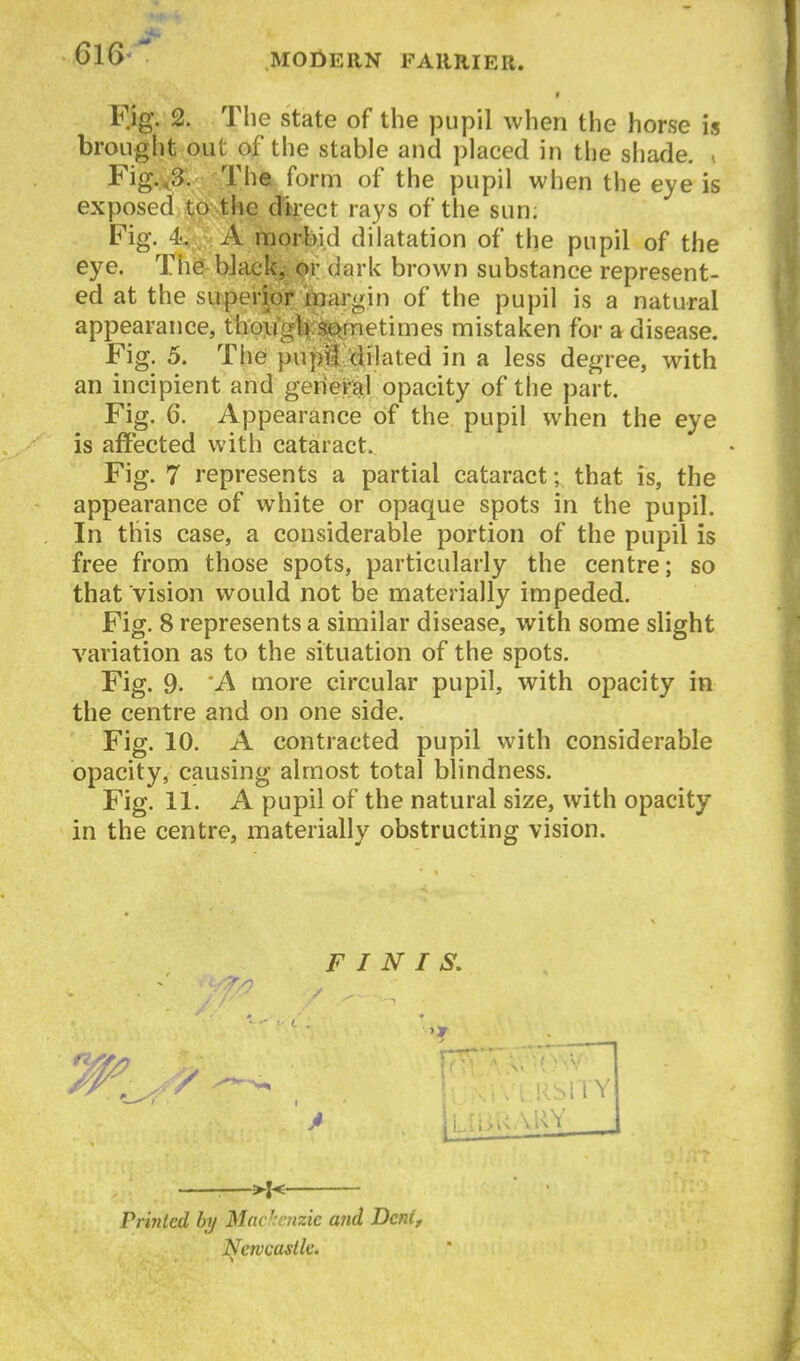 Fjg. 2. The state of the pupil when the horse is brought out of the stable and placed in the shade. . F'lg.S. The form of the pupil when the eye is exposed tp the direct rays of the sun: Fig. 4. A noorbid dilatation of the pupil of the eye. The bJack,- or dark brown substance represent- ed at the supeiioi- inargin of the pupil is a natural appearance, thoiiglv-^^rnetimes mistaken for a disease. Fig. 5. The pu^^-^ilated in a less degree, with an incipient and gerieral opacity of the part. Fig. 6. Appearance of the pupil when the eye is affected with cataract. Fig. 7 represents a partial cataract; that is, the appearance of white or opaque spots in the pupil. In this case, a considerable portion of the pupil is free from those spots, particularly the centre; so that vision would not be materially impeded. Fig. 8 represents a similar disease, with some slight variation as to the situation of the spots. Fig. 9. A more circular pupil, with opacity in the centre and on one side. Fig. 10. A contracted pupil with considerable opacity, causing almost total blindness. Fig. 11. A pupil of the natural size, with opacity in the centre, materially obstructing vision. FINIS. Prinled by Mnc^mizic and Dcnl, Newcastle.