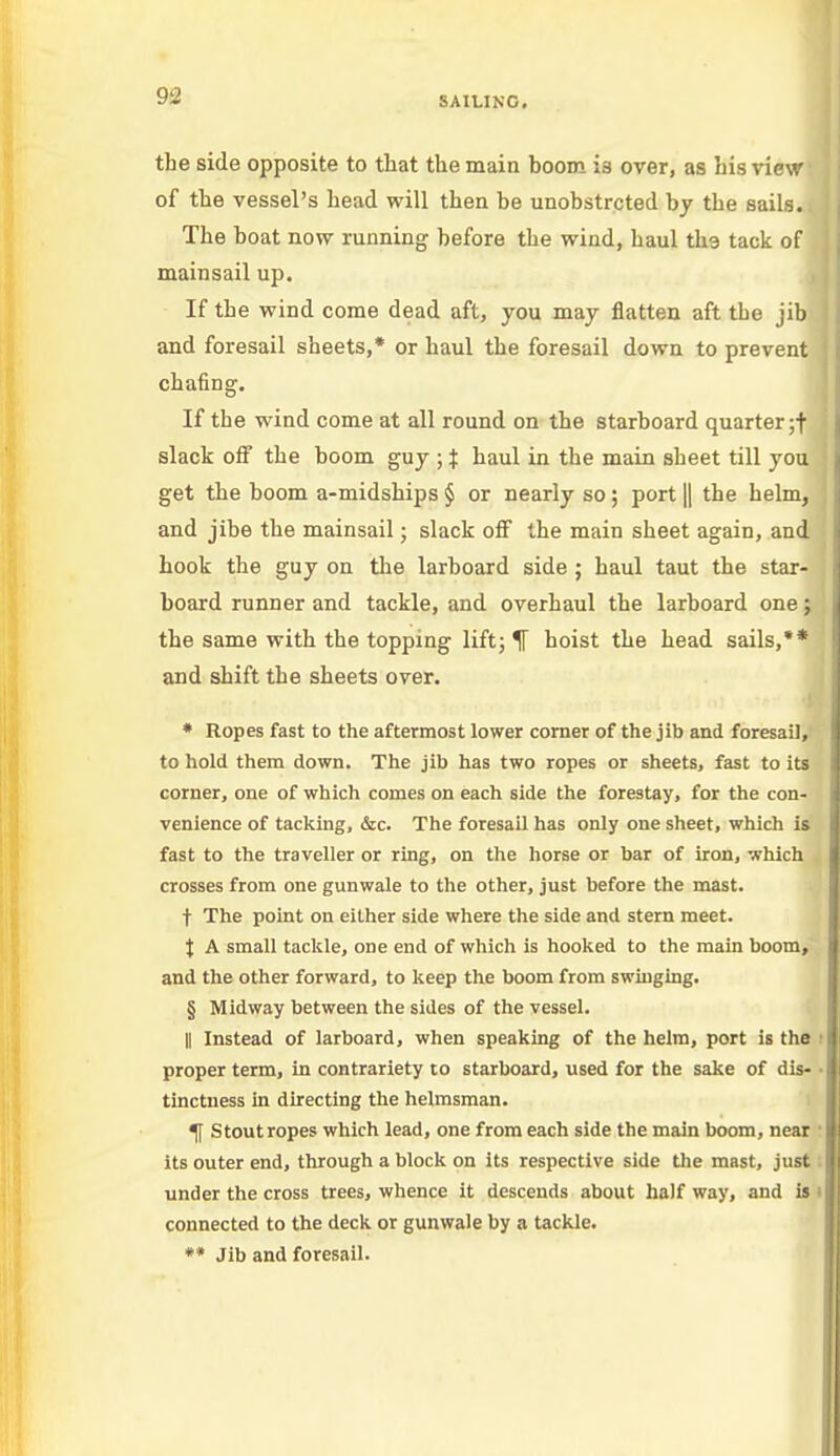 the side opposite to that the main boom i3 over, as his view of the vessel's head will then be unobstrcted by the sails.. The boat now running before the wind, haul tha tack of ' mainsail up. If the wind come dead aft, you may flatten aft the jib I and foresail sheets,* or haul the foresail down to prevent j chafing. If the wind come at all round on the starboard quarter ;f slack off the boom guy ; % haul in the main sheet till you get the boom a-midships § or nearly so; port || the helm, and jibe the mainsail; slack off the main sheet again, and hook the guy on the larboard side ; haul taut the star- board runner and tackle, and overhaul the larboard one; the same with the topping lift; f hoist the head sails,** and shift the sheets over. * Ropes fast to the aftermost lower corner of the jib and foresail, to hold them down. The jib has two ropes or sheets, fast to its corner, one of which comes on each side the forestay, for the con- venience of tacking, &c. The foresail has only one sheet, which is fast to the traveller or ring, on the horse or bar of iron, which crosses from one gunwale to the other, just before the mast. t The point on either side where the side and stern meet. J A small tackle, one end of which is hooked to the main boom, and the other forward, to keep the boom from swinging. § Midway between the sides of the vessel. II Instead of larboard, when speaking of the helm, port is the i proper term, in contrariety to starboard, used for the sake of dis- • tinctness in directing the helmsman. If Stoutropes which lead, one from each side the main boom, near : its outer end, through a block on its respective side the mast, just under the cross trees, whence it descends about half way, and is I connected to the deck or gunwale by a tackle. ** Jib and foresail.