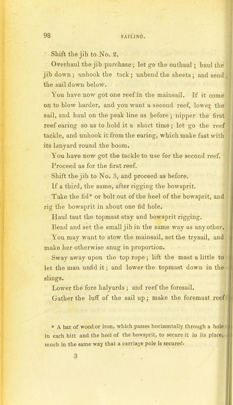 '.'8 Shift the jib to No. 2. Overhaul the jib purchase; let go the outhaul; haul the jib down; unhook the tack; unbend the sheets; and sen the sail down below. You have now got one reef in the mainsail. If it com on to blow harder, and you want a second reef, lower th sail, and haul on the peak line as before ; nipper the firs reef earing so as to hold it a short time; let go the ree tackle, and unhook it from the earing, which make fast witJi its lanyard round the boom. You have now got the tackle to use for the second reef. Proceed as for the first reef. Shift the jib to No. 3, and proceed as before. If a third, the same, after rigging the bowsprit. Take the fid* or bolt out of the heel of the bowsprit, and rig the bowsprit in about one fid hole. Haul taut the topmast stay and bowsprit rigging. Bend and set the small jib in the same way as any other. You may want to stow the mainsail, set the trysail, and make her otherwise snug in proportion. Sway away upon the top rope ; lift the mast a little to let the man unfid it; and lower the topmast down in the slings. Lower the fore halyards; and reef the foresail. Gather the luff of the sail up; make the foremast reef C * A bar of wood or iron, which passes horizontally through a hole . in each bitt and the heel of the bowsprit, to secure it in its place, much in the same way that a carriage pole is secured. 3