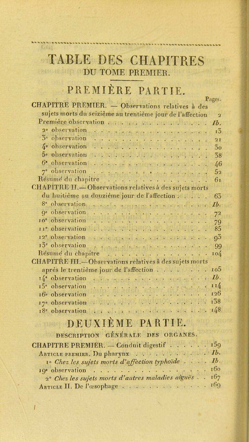 «.'«■^ «.^-x TABLE DES CHAPITRES DU TOME PREMIER. PREMIÈRE PARTIE. Pages. CHAPITRE PREMIER. — Observations rela tives à des sujets morts du seizième au trentième jour de l'affection 2 Premièr.e observation 2« observation i3 3 observation 2ï 4» observation 3o 5e observation 38 6* observation 4^ 7» observation Sa Re'snme' du chapitre 61 CHAPITRE II.— Observations relatives à des sujets morts du huitième au douzième jour de l'affection 63 8' observation Ib. ge observation ^2 10 observation yg II* observation 85 12* observation ... i3' observation 99 Re'sume' du chapitre io4 CHAPITRE III.—Observations relatives à des sujets morts après le trentième jour de l'affection io5 14* observation Ib- i5* observation . . ii4 i6e observation 126 ly observation ^08 18' observation i4^ DEUXIÈME PARTIE. DESCRIPTION GÉNIÉRÂLE DES ORGANES. CHAPITRE PREMIER.— Conduit digestif i59 Article pezmier. Du pharynx . . ^l^- i Chez les sujets morts d'affection typhoïde . . . . Ib. 19» observation 160 ci' Chez les sujets morts d'autres maladies aiguës . . 167 Article II. De l'œsophage '^9 /