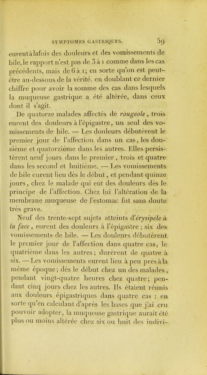 eiirentàlafois des doiileiirs et des vomissements de bile, le rapport n'est pas de 3 à i comme dans les cas précédents, mais de 6 à i; en sorte qu'on est peut- être au-dessous de la vérité, en doublant ce dernier chiffre pour avoir la somme des cas dans lesquels la muqueuse gastrique a été altérée, dans ceux dont il s'agit. De quatorze malades affectés de rougeole, trois eurent des douleurs à l'épigastre, un seul des vo- missements de bile. — Les douleurs débutèrent le premier jour de l'affection dans un cas, les dou- zième et quatorzième dans les autres. Elles persis- tèrent neuf jours dans le premier , trois et quatre dans les second et huitième. Les vomissements de bile eurent lieu dès le début, et pendant quinze jours, chez le malade qui eut des douleurs dès le principe de l'affection. Chez lui l'altération de la membrane muqueuse de l'estomac fut sans doute très grave. Neuf des trente-sept sujets atteints à'érysipéle à la face, eurent des douleurs à l'épigastre; six des vomissements de bile. — Les douleurs débutèrent le premier jour de l'affection dans quatre cas, le quatrième dans les autres ; durèrent de quatre à six. — Les vomissements eurent lieu à peu près à la, même époque; dès le début chez un des malades, pendant vingt-quatre heures chez quatre; pen- dant cinq jours chez les autres. Ils étaient réunis aux douleurs épigastriques dans quatre cas : en sorte qu'en calculant d'après les bases que j'ai cru pouvoir adopter, la muqueuse gastrique aurait été plus ou moins altérée chez six ou huit des indivi-