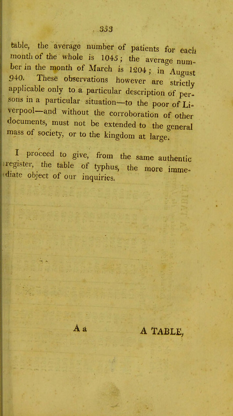 333 table, the average number of patients for each month of the whole is 1045; the average num berin the month of March is 1204; in August 940. These observations however are strictly applicable only to a particular description of per- sons in a particular situation—to the poor of Li- verpool—and without the corroboration of other documents, must not be extended to the general mass of society, or to the kingdom at large. I proceed to give, from the same authentic .register the table of typhus, the more imme- (diate object of our inquiries. A TABLE^