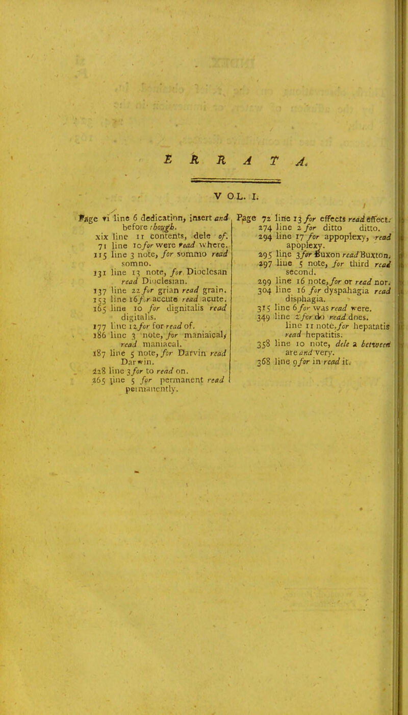 k R A T A, V o l^age ti line 6 dedication, insert cBi before tboi/gb. x\x line it contents, dele of. 71 line loforwera read where. 115 line 3 note, for sommo rtad somno. J31 line 13 note, j^sr, DiDcIcsan read Di iclesian. 137 line 22 fir grian read grain. 153 line i6/vr accutb acute. 165 lino 10 far dignitatis read digitalis. 177 v.uc izfor (or read of. 186 line 3 note, for maniaical/ read maniacal. 187 line 5 note,/ir Darvin read Darwin. I28 line 3/or to read on. 165 jine 5 for permanent read peiniancntly. L. I. / P^ge 72 line 13/0;- effects wa^effect.- 174 line 2 for ditto ditto. 294 line 17 for appoplex)', read apoplexy. 495 line 3/<7r4uxon rfci/Buxton, i97 line 5 note, for third read second. 199 line 16 note,/or or read nor. 304 line 16 for dyspahagia riad disphagia. 315 line 6 for was read were. 349 line 2/«/do read does. line irnote,/or hepatatis read hepatitis. 358 line 10 note, dele a tetWeett are and very. 368 line gfor in read id I