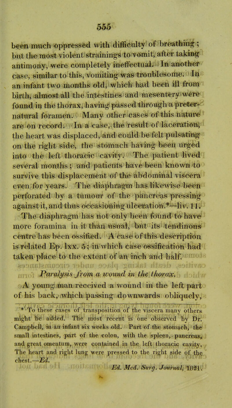 been much oppressed with difficulty of breathing; but the most violent strainings to vomit, after taking antimony, were completely ineffectual. In another case, similar to this. Vomiting was troublesome. In an infant two months oldj whi<;h had been ill from birth, almost all the intestines and mesentery were , found in the thorax, having passed througha pre-ti^f^^ natural foramen. Many other cases of this nattti^^ are on record. In a case, the result of lacemtioni'^ the heart was displaced, and could be felt pulsating ^ on the right side, the stomach having been urged into the left thoracic cavity. The patient lived 1 several months; and patients have been known-to survive this displacement of the abdominal viscera ^ even for years. The diaphragm has like>vise been ^ perforated by a tumour of the pancreas pressing > against it, and thus occasioning ulceration.*—liv. 11J '^ The diaphragm has not only been found to have more foramina in it than usual, but its tendinons^^ centre has been oissified. A case of this description is related Ep. Ixx. 5 ; in which case ossification had ^ taken place to the extent of an inch and half/^'»^^'^J^' i 1 i.,/ vi ' yiisLxii Jjiiiyj^ ^,n..'i.hi x-..,:,j...} .^isSrlf  iiiioi Jifir(il^s Jxofn fl^ tvoimd in the thotra^ih d;>iii /v ' A yoiting man received a wound in the left part of his back, which passing downwards obliquely, <i '*^''to'these cases of transposition of the viscera many others might 1$^' ^ atJtlfecf.*' Hit' itfoslf receipt is one observed by Dr. Campbell, in an infant six weeks old. Part of the stomach, the snaall intestines, part of the colon, with the spleen, pancreas^i and great omentum, Avere contained in the left thoracic cavity. The heart and right lung were pressed to the right ^ide of th^^ chest.—Ed.