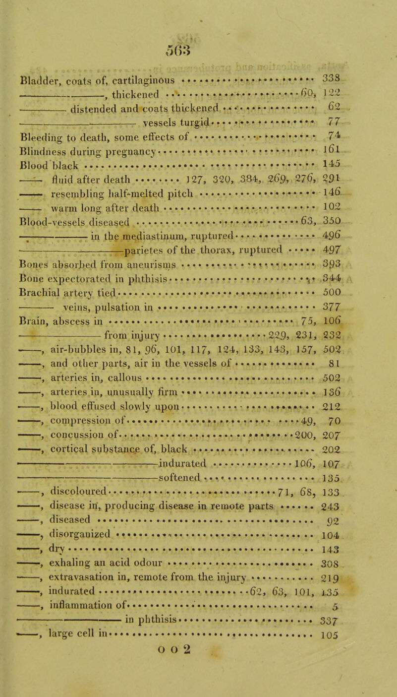 Bladder, coats of, cartilaginous •••••!/*!•* * *' — . , thickened ..».««-♦ GO, 122 distended and coats thickened • ♦ • vessels turgid'••• • 77 Bleeding to death, some effects of • 74 Blindness during pregnancy • »ss• * * * Blood black ' 1^5 —~ fluid after death 127, 320, 384, 269,.276, 291 ■ resembling half^melted pitch • • •. v^r • • • • •. 146. warm long after death • 102 Blood-vessels diseased '  ♦> *••••• ^3, 330 —; — in the mediastinum, ruptured ..•.«,*•• •„•.• • 496 . —parietes of the thorax, ruptured 497 Bones absorbed from aneurisms ••»••'?*? Mft!>*-^>* * 393 Bone expectorated in phthisis*** .•%t ..3^1f4'ii Brachial artery tied • • • ••D•J%.•>f^f^fli^• • • * • 500 veins, pulsation in*»* ■•• v^'*!*, • • • • • 377 Brain, abscess in • 75, IO6 ■ ^ from injury 229, 231, 232 , air-bubbles in, 81, 9^, 101, 117, 124, 133, 143,. 157, 502 and other parts, air in the vessels of (• t,s -^.f• • 81 , arteries in, callous • 502 , arteries in, unusually firm ^ ?^f:*..*,'^':-?i?j,^i?'kJi*.'.-. il36 , blood effused slowly upon , . 212 , compression of • 49, 70 , concussion of 200, 207 ——, cortical substance of, black • 202 ■ indurated * \06, 107 ■ softened • • * 135. discoloured 71, 68, 133. disease iri, producing disease in remote parts 243 diseased ••*.. ()2 disorganized 104 dry .* 143 exhaling an acid odour 308 extravasation in, remote from the injury •••• 219 indurated • 62, 63, 101, i.35 inflammation of 5 in phthisis 337 large cell in 105