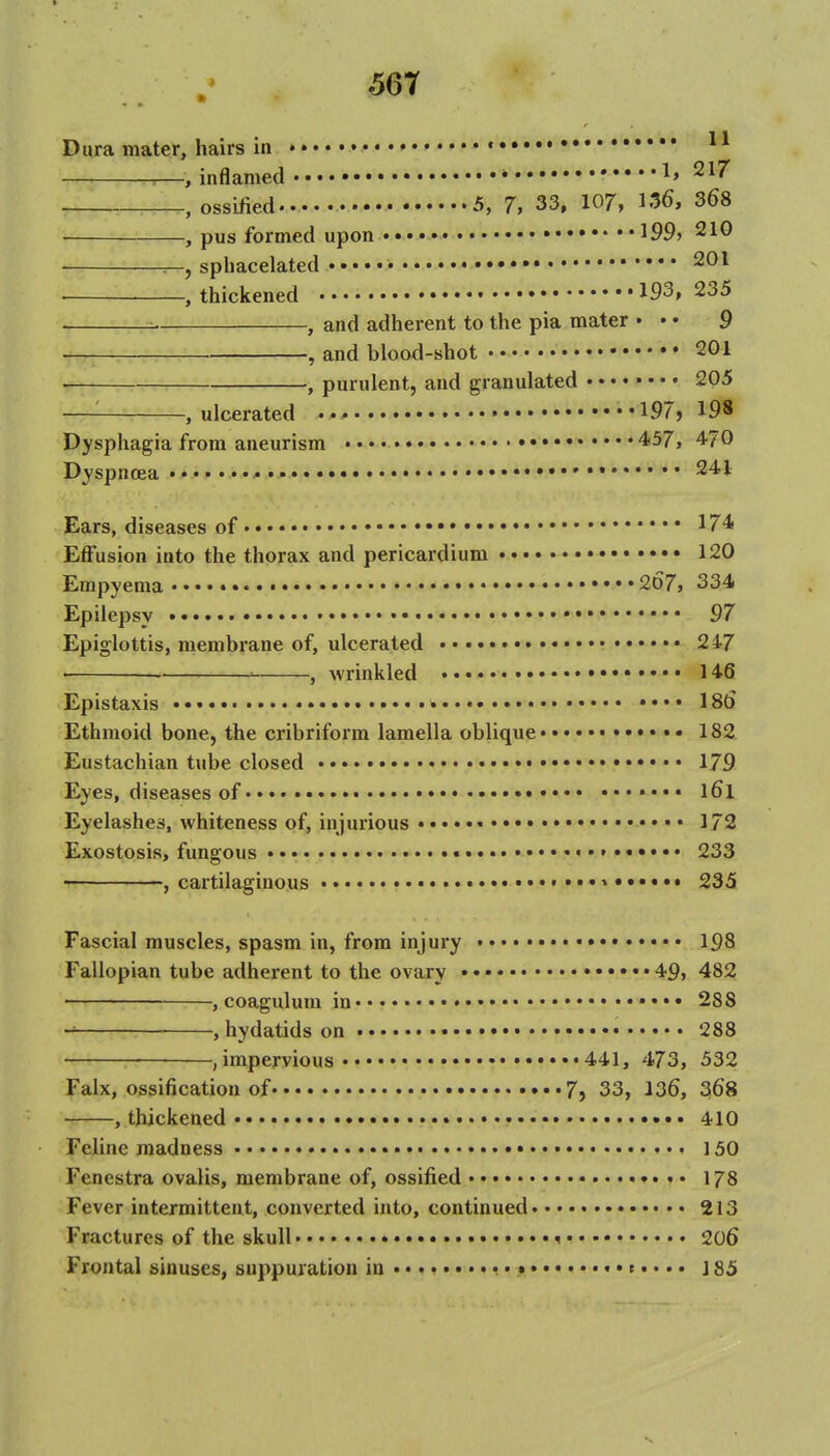 Dura mater, hairs in ♦ • -.—, inflamed •••• • * ^» , ossified 5, 7, 33, 107, 136, 368 , pus formed upon •• 199» 210 :—, sphacelated • 201 . , thickened 193, 235 ^ , and adherent to the pia mater • • • 9 , and blood-shot 201 . , purulent, and granulated 205 —'- , ulcerated .. • 197, 198 Dysphagia from aneurism ••••• 457, 4-70 Dyspnoea •• 241 Ears, diseases of 174 Effusion into the thorax and pericardium 120 Empyema • • • • • • 207, 334 Epilepsy 97 Epiglottis, membrane of, ulcerated 2 47 ■ . ^ , wrinkled 146 Epistaxis * •••• 186 Ethmoid bone, the cribriform lamella oblique • • • • 182 Eustachian tube closed • 179 Eyes, diseases of • • •••• l6l Eyelashes, whiteness of, injurious 172 Exostosis, fungous •• • •••• 233 ' , cartilaginous • 235 Fascial muscles, spasm in, from injury • 198 Fallopian tube adherent to the ovary 49, 482 , coagulum in • • • • 288 , hydatids on 288 • , impervious 441, 473, 532 Falx, ossification of 7j 33, 136, 368 , thickened 410 Feline madness 150 Fenestra ovalis, membrane of, ossified 178 Fever intermittent, converted into, continued 213 Fractures of the skull ^ • 206 Frontal sinuses, suppuration in .•••.••« • e.... 185