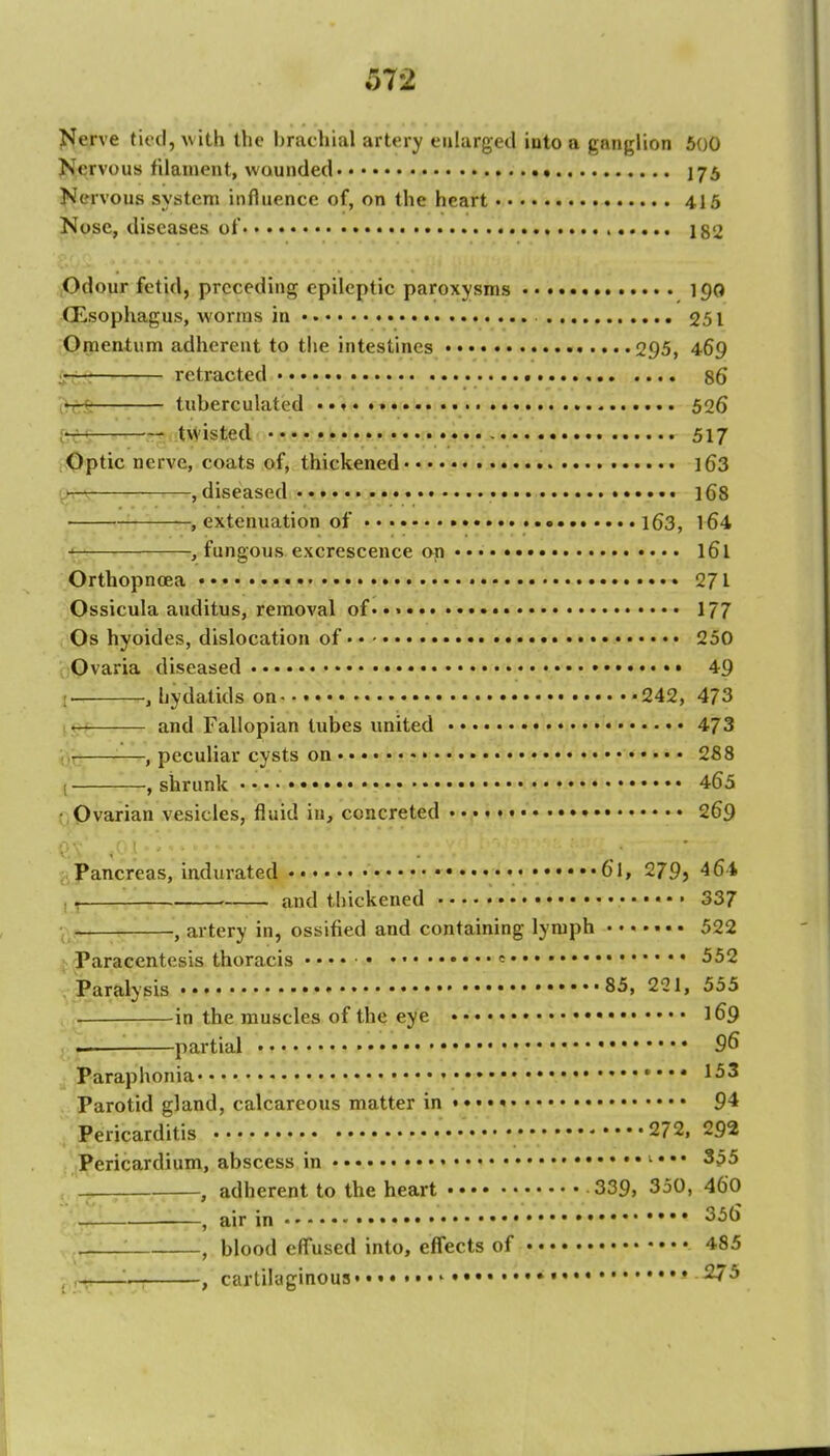 J^erve tuci, uith the brachial artery enlarged into a ganglion 5()0 Nervous filament, wounded • j75 Nervous system influence of, on the heart 415 Nose, diseases of Ig2 ,^dour fetid, preceding epileptic paroxysms 190 Oesophagus, worms in 251 ;Praentum adherent to the intestines 295, 469 fpir: retracted • 86 (Vr^! tuberculated ..♦..»*... 526 {rr*^ twisted 517 fOptic nerve, coats of, thickened l63 <,>— , diseased • • ] 68 , extenuation of ••• l63, l64 , fungous excrescence an««««« I61 Orthopnoea 271 Ossicula auditus, removal of • • • • • 177 , 0s hyoides, dislocation of • 250 cOvaria diseased ••• 49 , hydatids on 242, 473 and Fallopian tubes united 473 ^.r- , peculiar cysts on • • • 288 I , shrunk 465 (.Ovarian vesicles, fluid in, concreted 269 ;,-]Pancreas, iadurated •• 61, 279) 46i , ^ '. _ and thickened 337 , artery in, ossified and containing lymph 522 Paracentesis thoracis • • • • e 552 Paralysis 85, 221, 555 , in the muscles of the eye 169 —— partial 96 Paraphonia 153 Parotid gland, calcareous matter in 94 Pericarditis • 272. 292 Pericardium, abscess in ♦ 355 , — , adherent to the heart 339, 350, 460 ■ '.^ , air in ^■^^ J-—: , blood effused into, effects of 485 , — , cartilaginoust « ».575