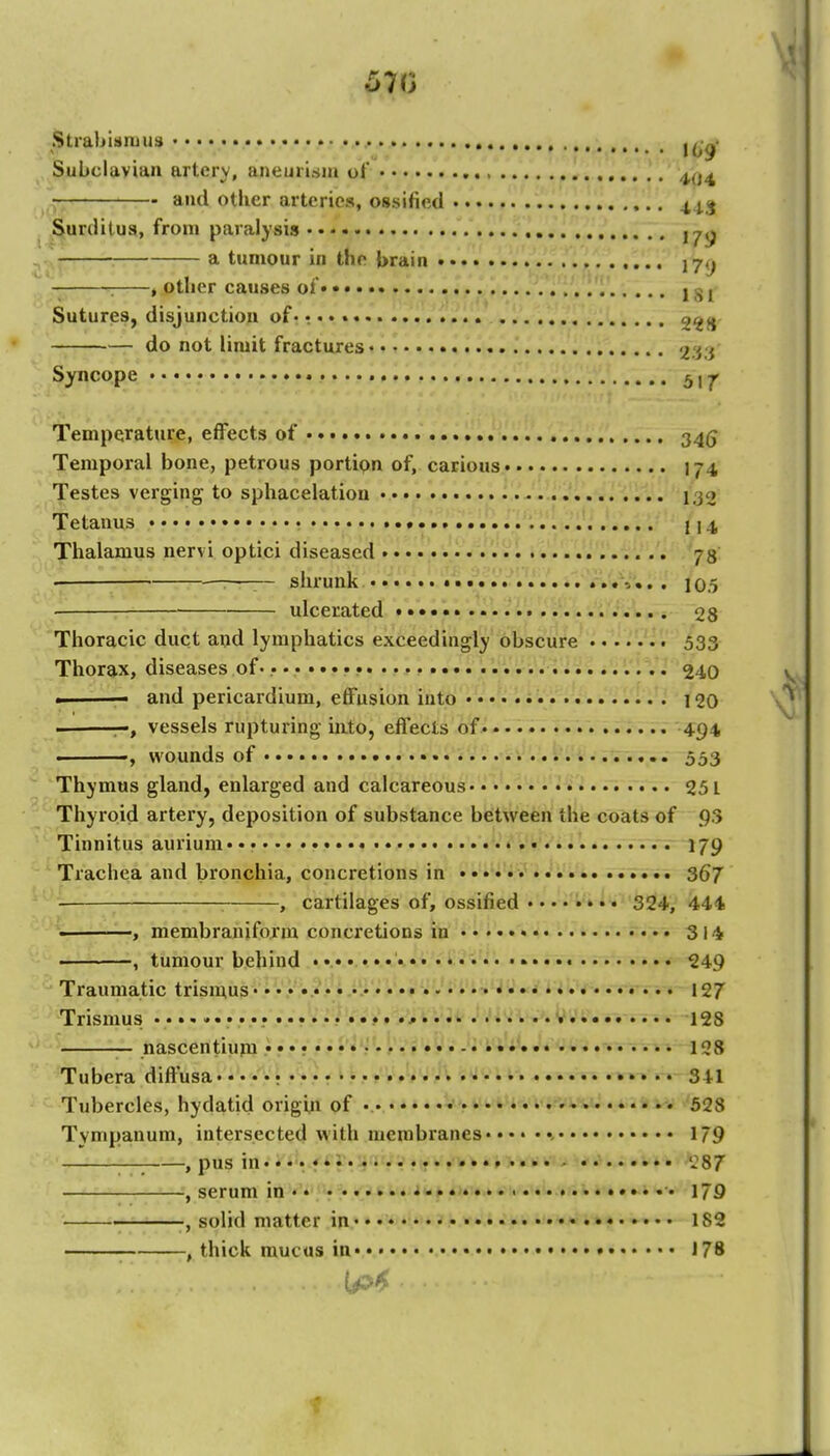 570 Strabismus • ,/v Subclavian artery, aneuri.sni of .,, ^^j^ and oilier arteries, ossified , 4, ;^ Surditua, from paralysis •••••• • .'i 171^ a tumour in the brain J7,j : , other causes oi» • • 1 j Sutures, disjunction of« t • • 22S do not limit fractures 233 Syncope ^, ^ Temperature, effects of 345 Temporal bone, petrous portipn of, carious 174 Testes verging to sphacelation 1,32 Tetanus j 14, Thalamus nervi optici diseased 78 ■ -——~ shrunk ••.^•..••Y 10.5 ulcerated .V.. 28 Thoracic duct and lymphatics exceedingly obscure 533 Thorax, diseases of. • 240 m——- and pericardium, effusion into • 120 —, vessels rupturing into, effects of 494 ———, wounds of 553 Thymus gland, enlarged and calcareous ^» . 251 Thyroid artery, deposition of substance between thie coats of 93 Tinnitus aurium*• • • • » 179 Trachea and bronchia, concretions in ..♦■•'i367 : , cartilages of, ossified • • • • •»•■•''524, 444 • , membraniform concretions in 314 --, tumour behind .••. .•.^'^4,^ 249 Traumatic trismus • • «* * • •«'•.. 127 Trismus • • • .'tf.r-.-i... 12S — nascentiujM i •....••:.... • .......... 1 og Tubera diffusa. • • • •: • • ^ • ' ^ r • • •'.. iV 341 Tubercles, hydatid origin of •.• • ;jvv«j .4:1^1523 Tympanum, intersected with membranes' 179 —; , pus in.->:<Vfftry«VV?«r^»>*>*>>*^« • •• ':87 , serum in «• • • • 179 ——, solid matter in • • •♦'•.•••' • 182 , thick mucus in* • • 178 1