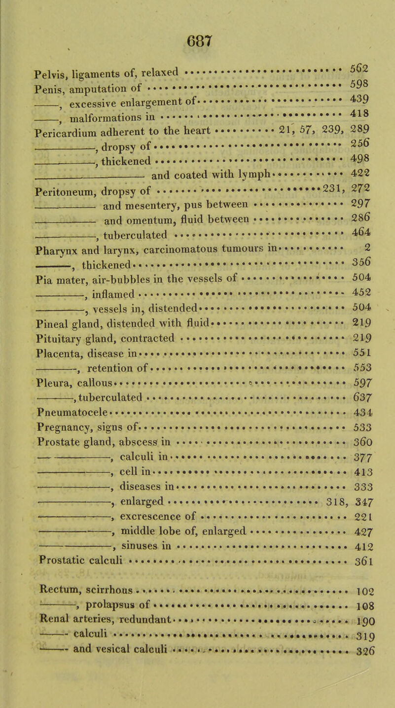 Pelvis, ligaments of, relaxed • • • • • 502 Penis, amputation of • • • • • • , excessive enlargement of \'  I' • 439 , malformations in • •• Pericardium adherent to the heart 21, 57, 239, 289 , dropsy of 256 , thickened 498 . . and coated with lymph • • • • 422 Peritoneum, dropsy of • 231, 272 and mesentery, pus between . • • 297 and omentum, fluid between 286 . , tuberculated • • 464 Pharynx and larynx, carcinomatous tumours in 2 , thickened Pia mater, air-bubbles in the vessels of ;.... 504 , inflamed 452 , vessels in, distended 504 Pineal gland, distended with fluid 219 Pituitary gland, contracted 219 Placenta, disease in • • • • 551 , retention of •••••• .•••••»••• 553 Pleura, callous e..... • 597 , tuberculated > • 637 Pneumatocele •«»• • ■ 434 Pregnancy, signs of • • 533 Prostate gland, abscess in • 36o , calculi in • ..••«.... 377 , cell in •«.••••••• • 413 , diseases in 333 , enlarged • 318, 347 —, excrescence of • . • 221 , middle lobe of, enlarged 427 , sinuses in 412 Prostatic calculi 361 Rectum, scirrhous • ..... i02 ■ , prolapsus of .... • » •« 108 Renal arteries, redundant •••• ^ 19O calculi • »•••.. ...«, .••••,1..... 3ip ■'^ and vesical calculi 336