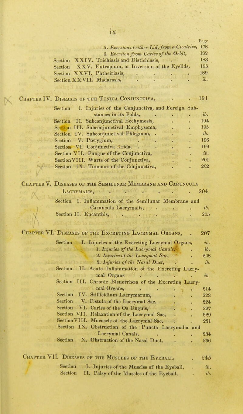 Page 5. Eversionof cither Lid, from a Cicatriee, 178 6. Eversion from Caries of the Orbit, 182 Section XXIV. Trichiasis and Distichiasis, • . 183 Section XXV. Entropium, or Inversion of the Eyelids, 185 Section XXVI. Phtheiriasis, . . . .189 Section XXVII. Madarosis, .... ib. Chapter IV. Diseases of the Tunica Conjunctiva, . .191 Section 1. Injuries of the Conjunctiva, and Foreign Sub- stances in its Folds, . . . ib. Section II. Subconjunctival Eccbymosis, . . 194 Se n III. Subconjunctival Emphysema, . . 195 Section IV. Subconjunctival Phlegmon, . . . ib. Section V. Pterygium, .... 196 Section VI. Conjunctiva Arida, . . . .199 Section VII. Fungus of the Conjunctiva, . . ib. SectionVIII. Warts of the Conjunctiva, . . 201 Section IX. Tumours of the Conjunctiva, . . 202 Chapter V. Diseases of the Semilunar Membrane and Caruncula Lacrymalis, . . ... . 204; Section I. Inflammation of the Semilunar Membrane and Caruncula Lacrymalis, . . . ib. Section II. Encanthi3, . 205 Chapter VI. Diseases of the Excreting Lacrymal Organs, . 207 Section I. Injuries of the Excreting Lacrymal Organs, ib. 1. Injuries of the Lacrymal Canals^, . ib. 2. Injuries of the Lacrymal Sac, . 208 3. Injuries of the Nasal Duct, . . ib. Section II. Acute Inflammation of the Excreting Lacry- mal Organs .... ib. Section III. Chronic Blenorrhoea of the Excreting Lacry- mal Organs, . . . . 214 Section IV. Stillicidium Lacrymarum, . . 223 Section V. Fistula of the Lacrymal Sac, . . 224 Section VI. Caries of the Os Unguis, . . 227 Section VII. Relaxation of the Lacrymal Sac, . . 229 SectionVIII. Mucocele of the Lacrymal Sac, . . 231 Section IX. Obstruction of the Puncta Lacrymalia and Lacrymal Canals, . . . 234 Section X. Obstruction of the Nasal Duct, . . 236 Chapter VII. Diseases of the Muscles of the Eyeball, . 245 Section I. Injuries of the Muscles of the Eyeball, . ib. Section II. Palsy of the Muscles of the Eyeball, . ib.