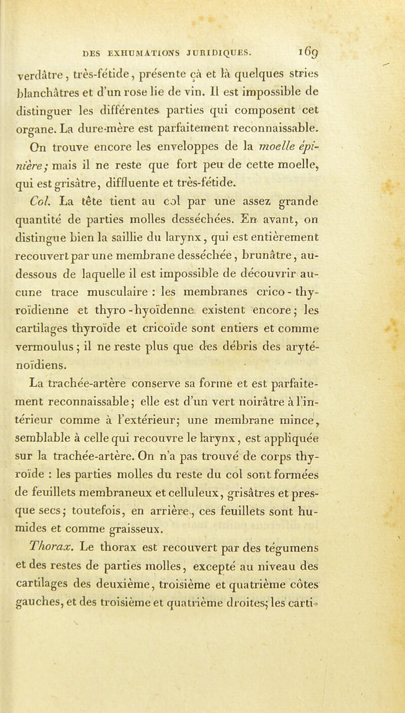 verdâtre, très-fétide, présente çà et là quelques stries blanchâtres et d'un rose lie de vin. Il est impossible de distinguer les différentes parties qui composent cet organe. La dure-mère est parfaitement reconnaissable. On trouve encore les enveloppes de la moelle épi- nière; mais il ne reste que fort peu de cette moelle, qui est grisâtre, diffluente et très-fétide. CgL La tête tient au col par une assez grande quantité de parties molles desséchées. En avant, on distingue bien la saillie du larynx, qui est entièrement recouvert par une membrane desséchée, brunâtre, au- dessous de laquelle il est impossible de découvrir au- cune trace musculaire : les membranes crico - thy- roïdienne et thyro-hyoïdenne existent encore; les cartilages thyroïde et cricoïde sont entiers et comme vermoulus ; il ne reste plus que des débris des aryté- noïdiens. La trachée-artère conserve sa forme et est parfaite- ment reconnaissable; elle est d'un vert noirâtre à l'in- térieur comme à l'extérieur; une membrane mince, semblable à celle qui recouvre le larynx, est appliquée sur la trachée-artère. On n'a pas trouvé de corps thy- roïde : les parties molles du reste du col sont formées de feuillets membraneux et celluleux, grisâtres et pres- que secs; toutefois, en arrière, ces feuillets sont hu- mides et comme graisseux. Tho rax. Le thorax est recouvert par des tégumens et des restes de parties molles, excepté au niveau dès cartilages des deuxième, troisième et quatrième côtes gauches, et des troisième et quatrième droites; les carti^