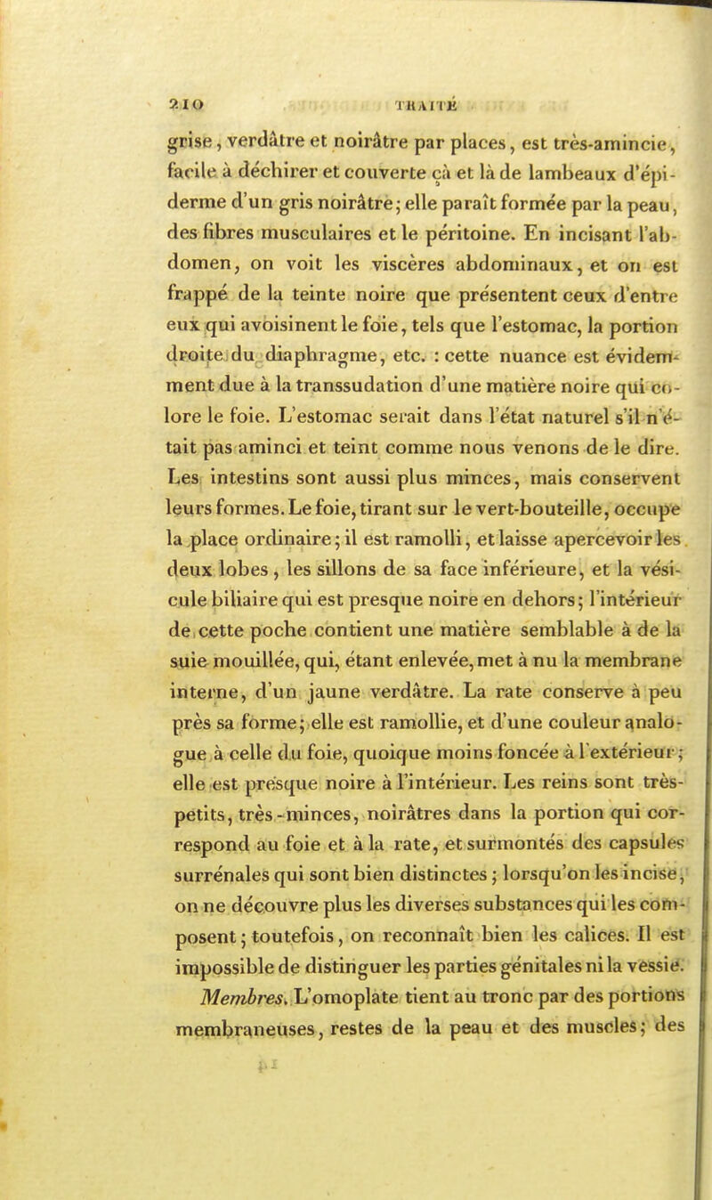 flO THAITÉ grise, verdâtre et noirâtre par places, est très-amincie, Êetcile à déchix'er et couverte çà et là de lambeaux d'épi- derme d'un gris noirâtre; elle paraît formée par la peau, des fibres musculaires et le péritoine. En incisant l'ab- domen, on voit les viscères abdominaux, et on est frappé de la teinte noire que présentent ceux d'entre eux qui avbisinentle foie, tels que l'estomac, la portion droite;du diaphragme, etc. : cette nuance est évidem- ment due à la transsudation d'une matière noire qui co- lore le foie. L'estomac serait dans l'état naturel s'il n'é- tait pas aminci et teint comme nous venons de le dire. Les intestins sont aussi plus minces, mais conservent leurs formes. Le foie, tirant sur le vert-bouteille, occupe la place ordinaire ; il est ramolli, et laisse apercevoir les deux lobes , les sillons de sa face inférieure, et la vési- cule biliaire qui est presque noire en dehors; l'intérieur de,cette poche contient une matière semblable à de là' suie mouillée, qui, étant enlevée, met à nu la membrane interne, d'un jaune verdâtre. La rate conserve à peu près sa forme; elle est ramollie, et d'une couleur analo- gue,à celle du foie, quoique moins foncée à l'extérieur ; elle est presque noire à l'intérieur. Les reins sont très- petits, très-minces, noirâtres dans la portion qui cor- respond au foie et à la rate, et surmontés des capsules surrénales qui sont bien distinctes ; lorsqu'on lesincise j' on ne découvre plus les diverses substances qui les com- posent ; toutefois, on reconnaît bien les calices. Il est impossible de distinguer les parties génitales ni la vessid: Membres, Vomoiplate tient au tronc par des portions membraneuses, restes de la peau et des muscles; des