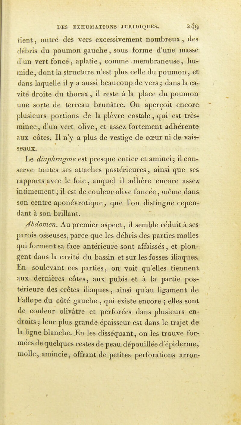 tient, outre des vers excessivement nombreux, des débris du poumon gauche, sous forme d'une masse d'un vert foncé, aplatie, comme-membraneuse, hu- mide, dont la structure n'est plus celle du poumon, et dans laquelle il y a aussi beaucoup de vers ; dans la ca- vité droite du thorax, il reste à la place du poumon une sorte de terreau brunâtre. On aperçoit encore plusieurs portions de la plèvre costale, qui est très- mince , d'vm vert olive, et assez fortement adhérente aux côtes. Il n'y a plus de vestige de cœur ni de vais-f seaux. Le diaphragme est presque entier et aminci ; il coU' serve toutes ses attaches postérieures, ainsi que ses rapports avec le foie, auquel il adhère encore assez intimement j il est de couleur olive foncée, même dans son centre aponévrotique, que l'on distingue cepen- dant à son brillant. abdomen. Au premier aspect, il semble réduit à ses parois osseuses, parce que les débris des parties molles qui forment sa face antérieure sont affaissés, et plon- gent dans la cavité du bassin et sur les fosses iliaques. En soulevant ces parties, on voit qu'elles tiennent aux dernières côtes, aux pubis et à la partie pos- térieure des crêtes iliaques, ainsi qu'au ligament de Fallope du coté gauche , qui existe encore ; elles sont de couleur olivâtre et perforées dans plusieurs en- droits ; leur plus grande épaisseur est dans le trajet de la ligne blanche. En les disséquant, on les trouve for- mées de quelques restes de peau dépouillée d'épiderme, molle, amincie, offrant de petites perforations arron-