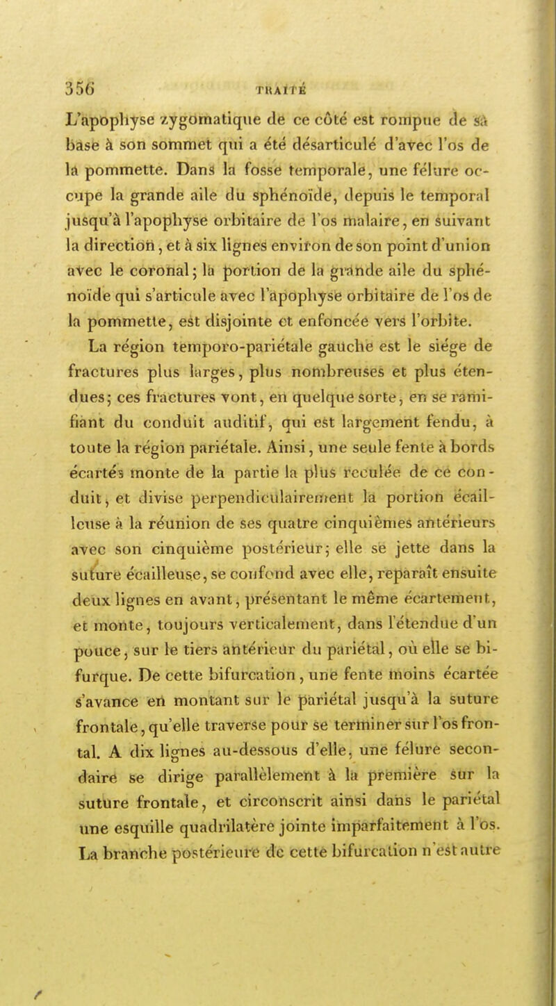 L'apophyse /ygomatique de ce côté est rompue de & base à son sommet qui a été désarticulé d'avec l'os de la pommette. Dans la fosse temporale, une fêlure oc- cupe la grande aile du sphénoïde, depuis le temporal jusqu'à l'apophyse orbitaire de Vos malaire, en suivant la direction, et à six lignes environ de son point d'union avec le coronal ; la portion de la grande aile du sphé- noïde qui s'articule avec l'apophyse orbitaire de l'os de la pommette, est disjointe et enfoncée vers l'orbite. La région temporo-pariétale gauche est le siège de fractures plus larges, plus nombreuses et plus éten- dues; ces fractures vont, en quelque sorte, en se rami- fiant du conduit auditif, qui est largement fendu, à toute la région pariétale. Ainsi, une seule fente à bords écartés monte de la partie la plus reculée de ce con- duit, et divise perpendiculairement la portion éeail- leuse à la réunion de ses quatre cinquièmes antérieurs avec son cinquième postérieur5 elle se jette dans la suture écailleuse, se confond avec elle, reparaît ensuite deux lignes en avant, présentant le même écartement, et monte, toujours verticalement, dans l'étendue d'un pouce, sur le tiers antérieur du pariétal, où elle se bi- furque. De cette bifurcation , une fente moins écartée s'avance en montant sur le pariétal jusqu'à la suture frontale, qu'elle traverse pour se terminer sur l'os fron- tal. A dix lignes au-dessous d'elle, une fêlure secon- daire se dirige parallèlement à la première sur la suture frontale, et circonscrit ainsi dans le pariétal une esquille quadrilatère jointe imparfaitement à l'os. La branche postérieure de cette bifurcation n'est autre