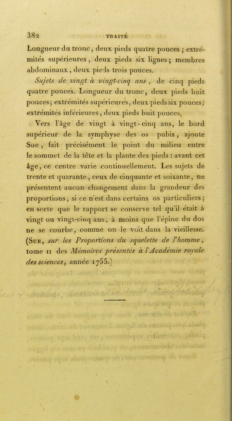 Longueur du tronc, deux pieds quatre pouces ; extré- mités supérieures , deux pieds six lignes ; membres abdominaux , deux pieds trois pouces. Sujets de vingt à vingt-cinq ans , de cinq pieds quatre pouces. Longueur du tronc, deux pieds huit pouces; extrémités supérieures, deux pieds six pouces; extrémités inférieures, deux pieds huit pouces. Vers l'âge de vingt à vingt-cinq ans, le bord supérieur de la symphyse des os pubis, ajoute Sue , fait précisément le point du milieu entre le sommet de la tête et la plante des pieds : avant cet âge, ce centre varie continuellement. Les sujets de trente et quarante , ceux de cinquante et soixante, ne présentent aucun changement dans la grandeur des proportions, si ce n'est dans certains os particuliers ; en sorte que le rapport se conserve tel qu'il était à vingt ou vingt-cinq ans, à moins que l'épine du dos ne se courbe, comme on le voit dans la vieillesse. (Sue, sur les Proportions du squelette de l'homme, tome il des Mémoires présentés à [Académie royale des sciences, année iy55.)