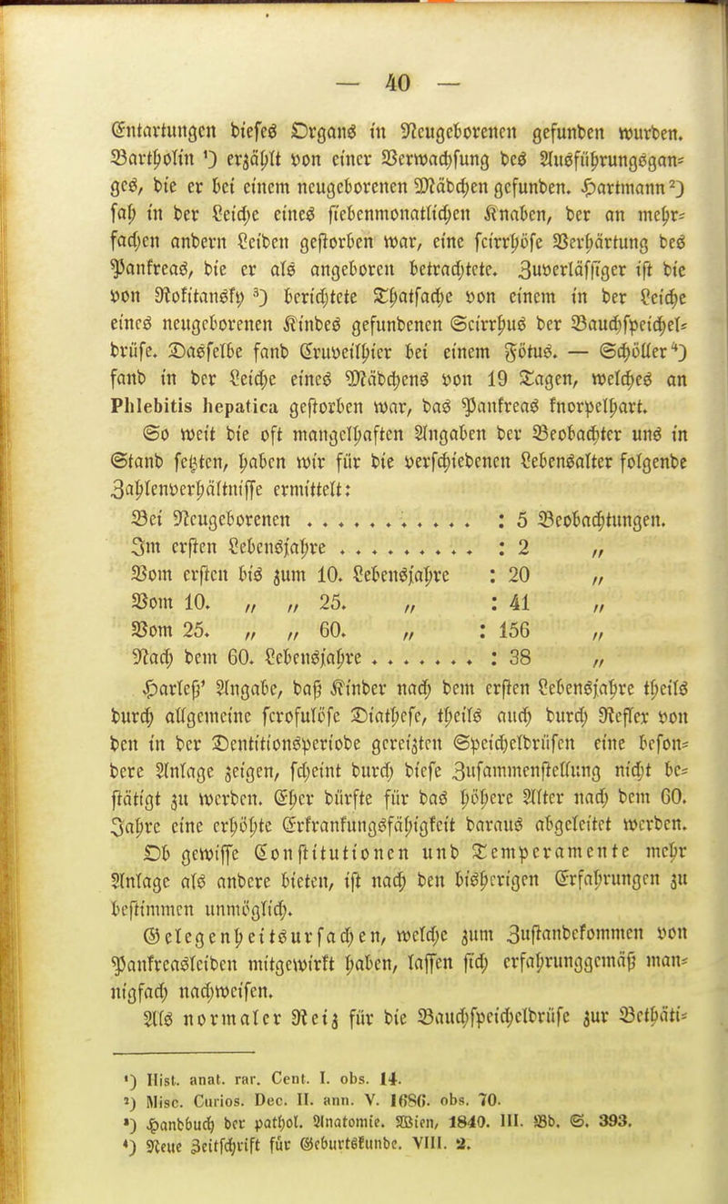 1 — 40 — Entartungen biefeö SDrganö tu S^eugcborenen gefunbcn würben, 23art^oU'n ') erjä^It »on einer SScrtt)ad)fun() beö Slusfü^rungegan* geö, bie er hü einem neugeborenen 9)?äbd)en gefunben. ^artmann^} faf) tn ber Seidje etne^ ftebenmonat(td;en Stmhtn, ber an me^r^ fad)en anbern Setben gejiorbcn mx, eine fcirrijöfe Sßertjärtung beö ^anfreas!, bte er ats angeboren betrad;tcte. 3uöerläf(Tger ift bte J)on 9tofttangft; ben'djtete Z^atfad)t »on einem i'n ber ?eid)e eineö neugeborenen ^tnbeö gefunbenen ©cirr|)uö ber 33auc^f^3etd)els brüfe. iSaefelbe fanb Sruyetl^ter bei einem götuö. — ©d)öüer'*3 fanb in ber Seid^e eineö 2)?äbd;enö m\ 19 S^agen, weld^eö an Phlebitis liepatica geftorben war, ba^ ^anfrea$J fnorpel^art. ©0 mit bie oft mangelhaften eingaben ber 93eoba^ter unö in ©tanb feilten, ^abcn wir für bie üerf4)iebencn Cebenöatter folgenbc 3a|)IenDer|)ä(tniffe ermittelt: S3et ^Neugeborenen : 5 iöeobad^tungen. 3nt crflen Sebenö|af;re : 2 „ S5om erfreu biö ^um 10. Sebenö/a^re : 20 „ 5ßom 10. „ „ 25. „ : 41 „ SBom 25. „ „ 60. „ : 156 „ ytad) bem 60. Sebenö/afirc 38 „ ^artep' Eingabe, ba^ ^inber nac^ bem erfien ?eben6fa|)re t^eilö burc^ allgemeine fcrofutcfc :©iathefe, tpeifö and) burd; 9?efrcr »on ben in ber 2)entit{onöperiobe gereiften ©))eid;etbriifcn eine befon^ bere Slnlage geigen, fd)eint burd; biefe 3»f^iiii^i^fttRef(ung nid;t be^ ftätiQt ju werben. ©|)cr bürfte für baö fiöl;ere Sllter nad; bem 60. ^al)vc dm cr|)öt;tc Ö:rfranfungi5fa(;igfeit barauö abgeleitet werben. Db gewiffe (Jonftitutionen unb Stem))eramentc mel^r Slntage anbere bieten, ift nad^ ben bisherigen Erfahrungen ju beftimmcn unmi^glid;. @elegenheitsurfad;en, werd;e ^um 3uflanbefommen yon ^anfreaSteiben mitgewirft haben, lafen ftd; crfahrunggemäp man^ nigfad; nad;weifen. 5lfg normaler 91 eta für bie 33aud;fpeichelbrüfe jur öethäti^ •) Ilisl. anat. rar. Cent. I. obs. 14- ') Mise. Ciirios. Dec. II. ann. V. IßSC obs. 70. ») ^anbbuc^ bct pat{;ol. 2lnatomie. SBien, 1840. III. SSb. ©, 393. *) mme 3ettfd)nft füc ®cburt6funbc. VIII. 2.