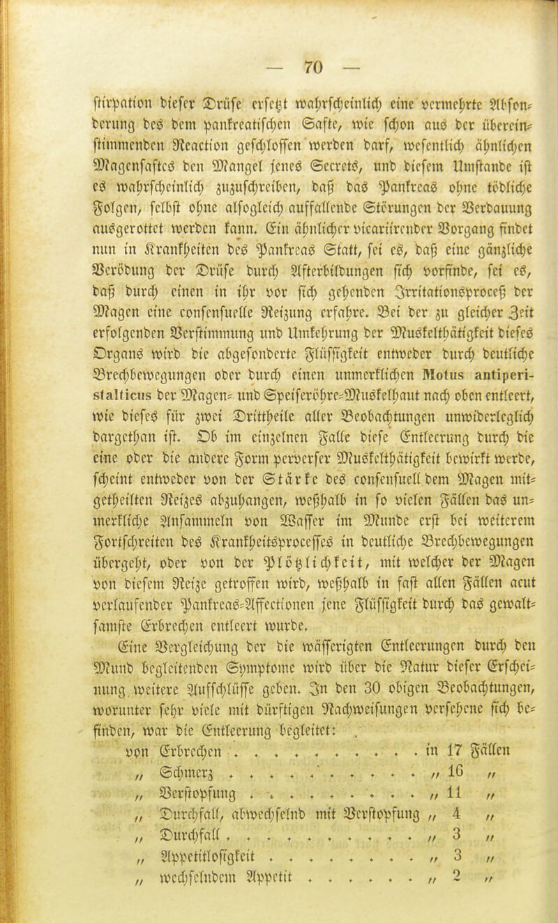 fti'vpntton tiefer 2)vüfe crfciU n)al;rfd)ctnlid; eine 5!)crnicl;rtc ^K-fon- bcrung bcö bcm :panfrcot{frf;cn ©afte, wie fd)on aue bcr übcrci'n? fti'mmcnbcn 9fieoction gcfd^Ioffen vuerbcn barf, wcfcntü'd; d^nh'djcn SD?agcnfaftcö bcn 9}?angel fcncö ©ccrctei, unb btcfcm Umftanbc ift iva^vfd)ctnltd; jujufdjvcikn, bnfj baö ^anfvcag oljnc töbh'd)e gotgen, fclbjl o^nc atfogtct'd; auffalfcnbc ©tin-ungcn bcr 33crbauung nii£?gerottct werben fann. (5tu ä^ntic^cr ytcarti'rciibfr Sßorgang fi'nbet nun i'n ilranf^eiten beö ^anfrcaö <Btatt, fei cö, bap eine oänj(id;e SScröbung bcr ©riife burd; SiftcrHibungen ftc^ »orft'nbe, fei eg, ba{5 bur^ einen in i^r 'Of>x fid) ge^cnbcn Srritattonöproce^ ber 9)?agcn eine confcnfueife S^ei^ung erfahre. 33ci ber glcid)er 3?it erfolgcnbcn Sßerftiminung unb Umfc:^rung bcr 5)?uöfeUf)dttgfeit biefeö Drganö wirb bic afcgefoubcrte ^tüfftgfeit entweber burd; beutii^e ^red^kivcgungen ober burd; einen unmerflidien Motus antiperi- slalticiis ber 9)?agcn* unb ©peiferö^re^9)?u0fet^aut m<^ oben cntiecrt, wie biefeö fitr ^mi 2)ritt|)eite aUer 33cobad^tungen untoiberlcgfid; bargetl;an ift Dh im einzelnen ^^alie biefc (Entleerung burd; bie eine ober bie anbere ^ovm :peröerfer SJJußfctt^ätigfeit bewirft werbe, fd;cint entwcber öon ber ©tärfe beö confcnfuelibem 9}?agcn niit= getfieilten D^ei^eö ab^ufiangen, we|j|)at6 in fo öiclen Raiten ba^ un= incrfKd;e Sfnfanuneln t»on SBaffcr im 3D?unbe erfl bei weitcrem gortfd;rcitcn beö ^^ranf^eitö^roceffce in bcuttid;e 23red;bcwegungen übcrgel;t, ober öon bcr ^U^{id)ttit, mit wetd;er ber 5!}?agen »on biefcm Stcijc getroffen wirb, wef?|>alb in fafi nlicn gäiicn acut ycriaufenber ^anfreaö^Slffcctionen fcne glüfftgfeit burc^ baö gewatt- famftc Srbrec^en entleert würbe. (5ine 58ergteid;ung bcr bie wäffcrigtcn Entleerungen burd^ ben 5!?tunb begtcitcnben ©5;mptome wirb über bie ^f^atur biefer ©rfd)ci= nung, weitere 5(uffd;Iiiffe geben. 3n ben 30 obigen $Beobad;tungcn, worunter feljr yicle mit bürftigcn 9tad;wcifungen i^crfepcnc |td; be^ ftnben, war bic (Entleerung begleitet:  von (Erbred;en . . ; in 17 gälten „ ©c[nnerä ~ // 16 „ „ 23crftopfung . v .......// 11 „ 2)urd;faU, abwcd;fc!nb mit SBcrfto^jfung „ 4 „ n 2)urd;faa „ 5l^>^>ctttIoft'gfeit . 3 „ „ wcd)fclnbcm ^l^'^üit „2 „