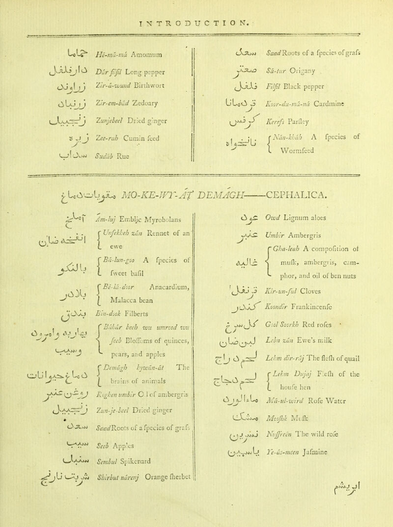 He-ma-ma Amomum Jv.iJvij 1 <J> jiJJll Long pepper t)ijj^ ^ir-d-zuuiid Birthwort ^W-' \j 2;;r-fm-i^iv^ Zedoary l^LsAqr;^ Zunjeheel Dried g'nger 15 ,J I Zee-ruh Cumin feed c5.^jvw .S^art^Roots of a fpecies of grafs y^a~j^ Sa-iiir Origany ^yJ^X3 FUfil Black pepper ULjt.^^* Koor-du-rnd-na Cardmine Kerefs Parfley { Nun-khdh A fpecies of Wormfeed y Uc^'^-lj^iU MO-KE-lVT-At DEMAGH- Am-lu] Embljc Myrobolans r Unfekkeh zan Rennet of an ^« L ewe r Bti-lun-goo A fpecies of (. fweet bafil C Be-L'i-door Anacardlum, I A'lalacca bean Bin-dook Filberts BuLdr beeh vju tmrcod zvu fceh BIolTcms of quinces, pears, and apples J 0> a ,^9!^ <^7j'^/ . .. ^ 1^ br:5!i;s of animals Roghen iimbir C 1 cf an;bergrls Ziin-je-heel Dried ginger ScadV^GQ'^z of a fpecies of .S'^'f.^ App'cs Sembul Spikenard Shirhut narenj Orange fherbet <3 jJLi ,i* r J -CEPHALICA. Lignum aloes L'mhir Ambergris Gha-Ieah A compofition of mulk, ambergris, cam- phor, and oil of ben nuts K'lr-un-ful Cloves Koondlr Frankincenfe G:ol Socrkh Red rofes Leon zun Ewe's milk Lchm dir-ruj The flefh of quail r Lehm Dujnj F efli of the (_ houfe hen Md-ul-iv'ird Rofe Water McopA Mi:flc NaJJ'rcm The wild rofe Te-ds-meen Jafmine r