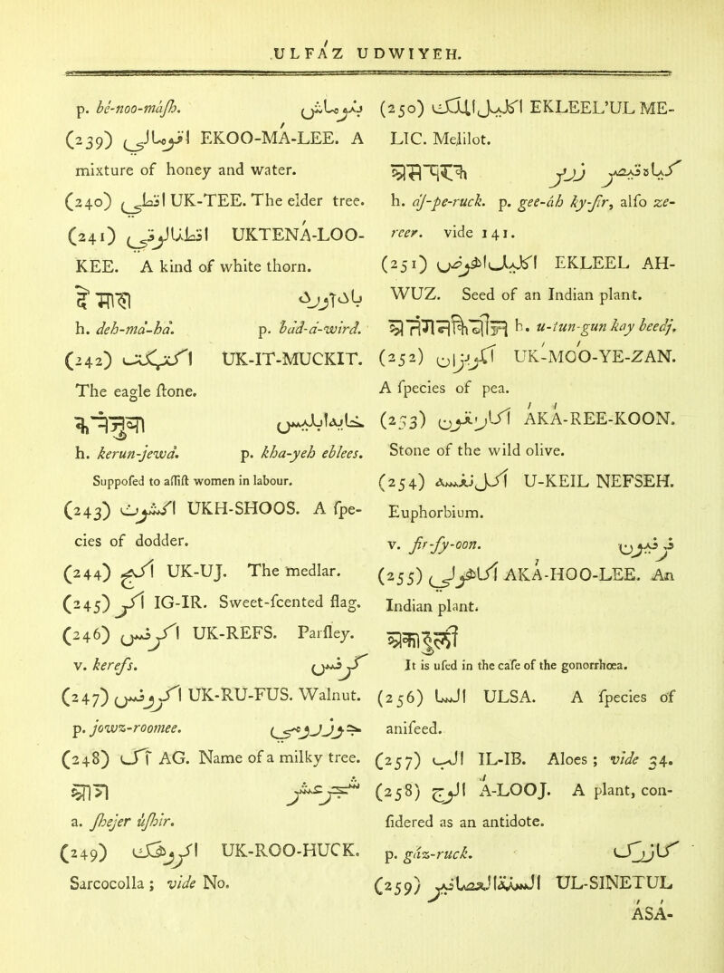 p. U-noo-maJh. (ji^Uyj (250) eJllfJo^jS'I EKLEEL'UL ME- (239) (^JUy i EKOO-MA-LEE. A LIC. Melilot. mixture of honej and water. ^Tl^^^ Jjj y^^^^ (240) ^lai I UK-TEE. The elder tree. h. dj-pe-ruch p. gee-ah ky-fr, alfo ze- (241) ^jjJUiojl UKTEnVlOO- reer. vide 141. KEE. A kind of white thorn. (251) (^^^((J.JS'I EKLEELAH- 5* ^jT*^^ WUZ. Seed of an Indian plant. h. deh-md-hd. p. hdd-d-wird. ^'RTl'^i^^'^liR u-tun-gunkay beedj. (242) UK-IT-MUCKIT. (252) ukImoo-ye-zan. The eagle ftone. A fpecies of pea. (253) OJ^lj'-^ AKA-REE-KOON. h. kerun-jewd, p. kha-yeh eblees. Stone of the wild olive. Suppofed to aOlft women in labour. (254) A^^JU U-KEIL NEFSEH. (243) UKH-SHOOS. A fpe- Euphorbium. cies of dodder. v. fir-fy-oon, O^fV^j^ (244) UK-UJ. The medlar. (255) ^^^l/l AKA-HOO-LEE. An (245) IG-IR. Sweet-fcented flag. Indian plant* (246) UK-REFS. Parflej. ^^-^ V. kerefs. ^^y^^^ It is ufed in the cafe of the gonorrhoea. (247) (j^jj^l UK-RU-FUS. Walnut. (256) UJI ULSA. A fpecies of ip. jowz-roomee. f^^^jjj^ anifeed. (248) (JTT AG. Name of a milky tree. (257) uJI IL-IB. Aloes; vide 34. J^J^ (^5^) A-LOOJ. Aplant, con- a. Jhejer ufiir. fidered as an antidote. (249) eJJJ^yl UK-ROO-HUCK, ^. gri^-rucL ^JJ^ Sarcocolla; wV^ No. (259) yoWMigUJI UL-SINETUL ASA-