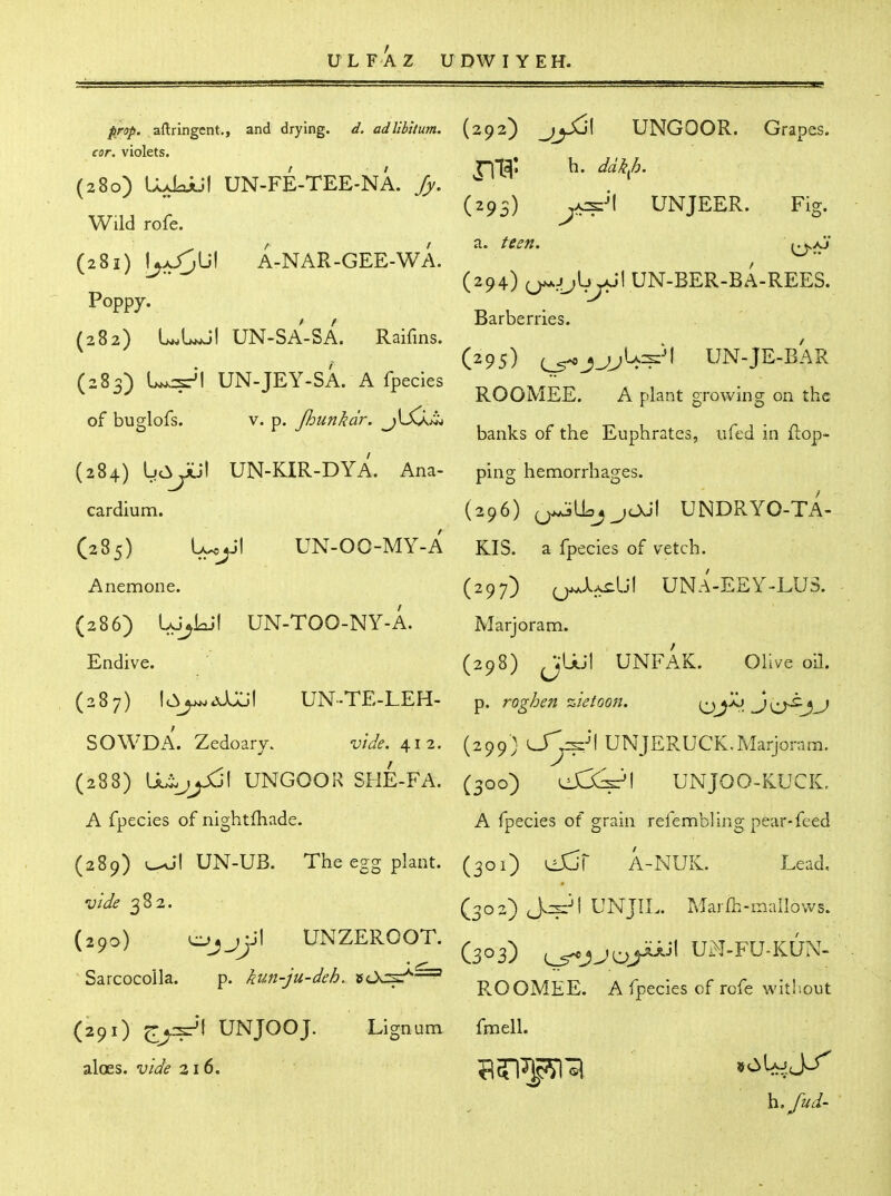 prop, aftringent., and drying, d. adlibitum. (292) ^J^^ UNGOOR. Grapes. J-lX^: h. ddkfi. (293) ^^-''1 UN JEER. Fig. cor. violets (280) UUloiuI UN-FE-TEE-NA. fy. Wild rofe. (281) I^a/^U! A-NAR-GEE-WA. Poppy. (282) UN-SA-SA. Raifins. a. teen. ^^/J (294) (j^Jjlr^l UN-BER-BA-REES. Barberries. (295) UN-JE-BAR (283) Usr^l UN-JEY-SA. A fpecies \ ' J ^ ROOMEE. A plant growing on the of buglofs. V. p. Oounkdr. jSSXiu , , . , _ , r ^ ■ ° 1 ^ banks of the Euphrates, iiled in itop- (284) IfCyij^ UN-KIR-DYA. Ana- ping hemorrhages. cardium. (296) ^[Lj jOJ\ UNDRYO-TA- (285) Uc^'I UN-OO-MY-A KIS. a fpecies of vetch. Anemone. (297) ^^a^UI UNA-EEY-LUS. (286) Ujjkil UN-TOO-NY-A. Marjoram. Endive. (298) JUjI UNFAK. Ohve oil. (287) lc!S^<xiAj| UN-TE-LEH- p. roghen %ietoon. 'O^'^. J\D'^Ji.J SOWDA. Zedoary. vide. (299) L-T^-! UNJERUCK.Marjoram. (288) UNGOOR SHE-FA. (300) <jJoC^! UNJOO-KUCK, A fpecies of nightfhade. A fpecies of grain refembling pear-feed (289) UN-UB. The egg plant. (301) ^f A-NUK. Lead, vide o;^^. (302) J^Pl UNJIL. Alarlh-mallows. (290) ^^jy\ UNZEROOT. ^^^^^ ^^^^^Jl UM-FU-KUN- Sarcocoila. p. kun-ju-deh. isi>s^^ -n r^r^^/i^ -c^ a r ■ ^ cr 4. ^ ' ROOMEE. A Ipecies or role without (291) UNJOOJ. Lignum fmell. aloes. 216. i^Tl^^'^ »^'^.J^ h./ud-