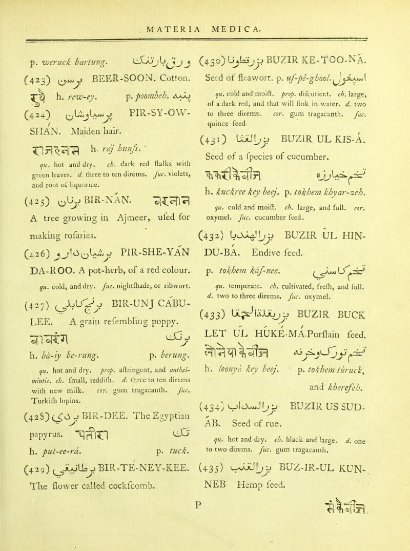 ^. weruck bartung. ^JJjIj^jj (430) U^IojjJj BUZIR KE-TOO-Na. (423) BEER-SOON. Cotton. Setd of iica.wovt. p. uf-pe-gLooI. h. rew-e_y. p. pOOmheh. j-^. cold and-moift. /rs^. difcutier^t. r;^. large, ' ' of a dark red, and that will fink in water, d. two (^42<i^ (^Lio«l>.jvN PIR-SY-OVV- to three direms. cor. gum tragacanth. fuc. SHAN. Maiden hair, i:!^^^ h. rq/ himfs. - quince feed. (431) UxJ[;jj BUZIR UL KIS-A. Seed of a fpecies of cucumber.. qu. hot and dry. ch. dark red ftalks with green leaves. «?. three to ten direms. violets, '^%^|'^^tjR »JjU^>.sr' and root of liquorice (425) ^^by BIR-NAN. mC^^ h. kuckree key beej. p. tokhem khyar-%eh. qu. cold and moifl. ch. large, and full. cor. A tree growing in Ajnaeer, ufed for oxymel. fuc. cucumber feed, making rofaries. (432) bcXJL^Ijjj BUZIR UL HIN- C426) j^l^O^t^^^ PIR-SHE-YAN DU-BA, Endive feed. DA-R00. A pot-herb, of a red colour. p. tokhem kdj-nee. ^^^wL/^rsr* qu. cold, and dry. Juc. nightlhade, or ribwort. qu. temperate, ch. cultivated, frefh, and full. ^ . ^ d, two to three direms, fuc. oxymel. (427) ( JijlX:-',^ BIR-UNJCABU- ^' r ,v (433) LiL^-'l^AJu;^ BUZIR BUCK LEE. A gram relembniig poppj. ^ ^ ^' ^^-^-Tx LfTj. L^^T UL HUKE-MA.Purflain feed. h. bli-iy be-rung. p. berung. ^ Ti'^ff^ Ajy^LjO^^-^dx' ^M. hot and dry. ^ru/). aftringent, and h. looiiyll key beej. ' p. tokhem turucl^ m'tntic. ch. fmall, reddilli. d. three to ten direms with new milk. cor. gum tragacanth. fuc. khsrefeh. '^^'^^ 'P ■ (434: ^fo^Jb ^ BUZIR US SUD^ (4z83e^ciyBIR-DEE. The Egyptian . c . ^ -> Al>. beed or rue. papyrus. CjHlTI . a a r . ^ ^-^ -iMi'v i qu, hot and dry. c,^. blacK and large. one h. put-ee-ra. p. /Z<f<:/^. ^wo direms. fuc. gum tragacanth. (42 9)(^AAjlL^BIR-TE-NEY-KEE. (435) -r^^^by BUZ-IR-UL RUN- TKe {lower called cockfcomb. NEB Hemp feed.