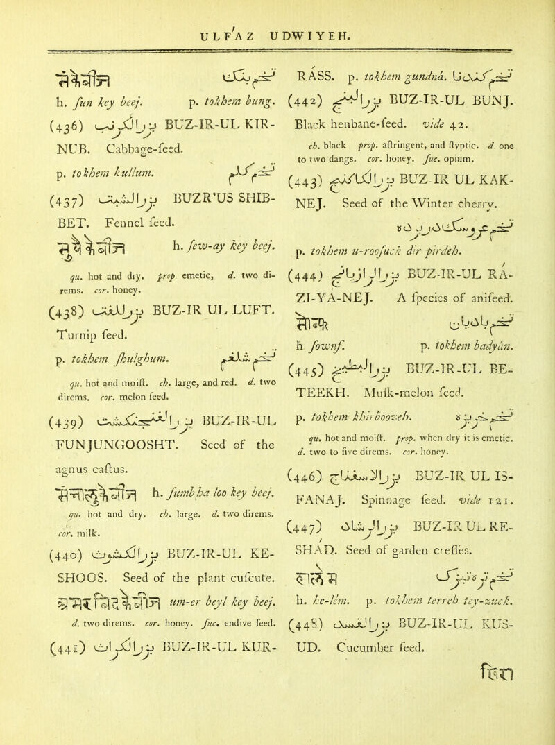 U L F A Z U DW I Y E H. 'fl'^sflyl KlS^J^:^ RASS. p. tokhem gundna. UtAA/j,:^:-' h. fun key beej. p. tokhem bung. (442) ^\jj} BUZ-IR-UL BUNJ. (436) u^VjdljjJ BUZ-IR-UL KIR- Black henbane-feed, vide \^. NUB. Cabbao-e-feed. ^^^^^ aftringent, and ftvptic. d. one ^ ^ to two dangs. cor. honey. Juc. opium. p. tolhem kullum. ^i/^:^-' ^^^^^^ gA/Udljj. BUZ-IR UL KAK- (437) BUZR'US SHIB- p^^j^ g^^^ ^1^^ Winter cherry. BET. Fennel feed. ^C^jjC^^^j^^^ \^T{ h. few-ay key beej. ^ ^^^j^^^^ u-rocfuck dlr plrdeh. I qu. hot and dry. frop emetic, d. two di- (444) BUZ-IR-UL RA- rems. rar. honey. ' tvtt^t a r • r -r ^ ZI-YA-NEJ. A fpecies of anifeed. (438) BUZ-IR UL LUFT. ^ Turnip feed. ^ h. fownf. p. iokhem badyan. ^ r r (445) >iV^^J|jjj BUZ-IR-UL BE- qu. hot and moift. ch. large, and red. d. two ^ direms. cor. melon feed. TEEKH. INIuik-melon feed. (439) Ox.^ijCc^s^L^j BUZ-IR-UL p. ^c;,^^^/«^jr^^' T^rTVT xTTivT^r-v^orT-r. o 1 r 1 ya. hot and moifi. *rf/>.-when dry it is emetic. FUNTUNGOOSHT. Seed of the , ^ ... ^ , ^ a. two to nve direms. cor. honey. agnus caftus. (^^^^ -j EUZ-IR UL IS- h.fumhhahohyhecj. ^^^^^^ Spimmge feed. W</«.,2i. qu. hot and dry. ch. large. two direms. .„ (447) 0»Li.JI,t) BUZ-IR ULRE- ror. milk. vt-r/y , (440) O^^^ljjJ BUZ-IR-UL KE- SHAD. Seed of garden creffes. SHOOS. Seed of the plant cufcute. ^^IR LJj.Ay»y^:s^ ^Tl^f^^'^lf^5^ ^im-er bey! key beej. h. he-lem. p. tokhem terreb tey-%uck. two direms. far. honey, /mit. endive feed. ^448) cWi-JljjJ BUZ-IR-UL KUS- (441) LL'lydljjj BUZ-IR-UL KUR- UD. Cucumber feed.