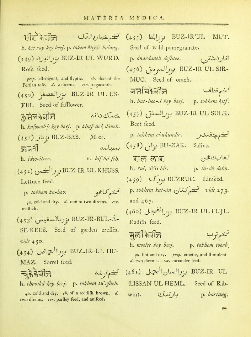 h. kee ray key beej. p. tokem khya' bdlung. (449) ^j^L^Jt' BUZ-IR ul wurd. Rofe feed. prop, aflringent, and ftyptic. ch. that of the Perfiaii rofe. d. 2 direms. cor. tragacanth. (450) y^Jljjj BUZ IR UL US- FIR. Seed of fafflower. h. kujoombh key beej. p. khuf-iick dlineh. (451) Jbjj BUZ-BAS. M c?. \i. jchj-itree. v. hif-bd-feh. (452) ^^IjjjBUZ-IR-UL khuss. Lettuce feed. p. tokhem kd-hoo. ^^L5^:s:-' ^K. cold and dry. d. one to two direms. cor, maftich. (453^ ^ju^^^j^ BUZ-M-BUL-A- SE-KEES. Se.d of garden creffes. vide 450. (454) BUZ-IR-ULHU- MAZ. Sorrel feed. h. chewkd key beej. p. tokhem turjheh. qu. cold and dry. ch, of a reddifh brown, d. two direms. cor. parfley feed, and anifeed^ C455) UL;j^ BUZ-IR'UL MUT. Seed of Wild pomegranate, p. dnardaneh defhtee. ^a^cSjUI (456) BUZ-IR ULSIR- MUC. Seed of orach. h. but~hoo-d key beej. p. tokhem kit/. (457) Ji^Jljjj BUZ-IR UL SULK. Beet feed. p. tokhem chukundir. _jcXxJt=a.^sr'' (458) BU-ZAK. Saliva. h. ra/, alfo Idr. p. ^ifZ//. (459) BUZRUC. Linfeed. p. tokhem kut-dn (^Uyj,:^^ 273. and 467. (460) BUZ-IR ULFUJL. Radifli feed. h. moolee key beej. p. tokhem toorb^ qu. hot and dry. prop, emetic, and ftimulent d. two direms. cor. coriander feed. (461) J^lo'-^b>' BUZ-IR UL LISSAN UL HExML. Seed of Rib- wort. (dX/J;b p. bartung. qu.