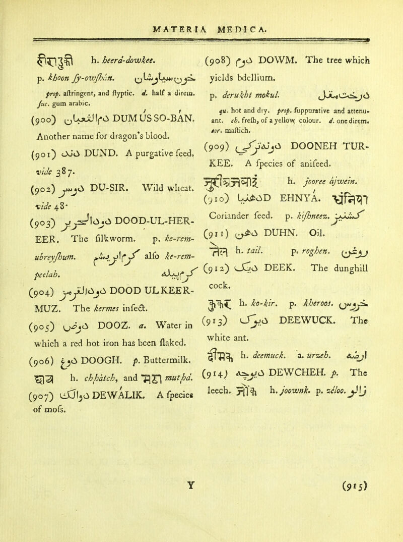 h. heerd-dowkee, (poB) f-jeS DOWM. The tree which p. khoon Jy-ozv/hun. ^LiijLyw (j^^ yields bdellium. prop, aftringenr, and ftyptic J, half a direm. derukht mokul JJL«CicL;0 Juc. gum arable. / f iju, hot and dry. prop, fuppurative and attenu« (900) jjUxilff't^ DUMUS SO-BAN, ant. <-;?>.freni,of ayellowr colour. ^. oncdirem. Another name for dragon's blood. ^.TXTT. . . ^ , (909) L ^j^^i^ DOONEH TUR- (901) OJO DUND. A purgative feed. ^ KEE. A fpecies of anifeed. (902) DU-SIR. Wild wheat. ^^^^'^ ^- i (Vio) Ly^^D EHNYA. -^7^ vide 40* (903) DOOD-UL-HER. Coriander feed. p. kljhnee^,yXU' EER. The filkworm. ' ^. ke-rem- (-9^'^ uhreyjhum. .^..^\(/ alfo ke-rcm- C^^-V peelah X ^^^^^ ^^ DEEK. The dunghill cock. (904) j^^^lOjc:^ DOOD ULKEER- MUZ. The Vermes infed. ^' / ^ • X -nnn-r w^ • (913) -^^^ DEEWUCK. The (905) u^jt^ DOOZ. ^. Water in -'^ which a red hot iron has been flaked. white ant. (906) ^,ODOOGH. />. Buttermilk. ^H^ ):^. demuci. \.urzch. ^31 h. Match, ^.i'V,T\'>H- (9'*^ ^J^^ DEWCHEH.The (907) ijaijODEWALIK. Afpecie. I^'^h. Ifl^-q, h. p.^^i; of mofs. (9'5)