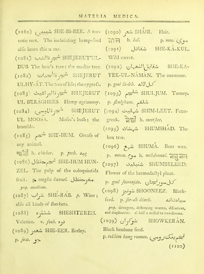 (1080) (^AAA^ SHE-BI-BEE. An.u-- (1090) ^x^i. SHAIR. Hair, cotic root. The iiiebrlAting hcmp-fsed eil'^ ^- P* iSj-° alfo bears this n mc (^091) JoUC-ij SHE-KA-KUL. (108 0 V^'^-^'^j;^^ SHEJERUT'UL- Wild carrot. DUB. The bear's tree ; the medlar tree» (1092) (•jl^s.Xi \ ^^Ajii^ Sf-IE-KA- (1082) ejU:s--'U-^--s-^ SHEJERUT YEK-UL-NAMAN. The anemone. ULHY-AT. The treeof hfe; thecypref:. ^. gool la-leh. ^JJiJ./^ (1083' ^j^\y,]Viji^^' SHEJERUT (1093) ^.r^ SHULJUM. Turnep. UL BERAGHEES. Hemp agrimony. p. Jlmlghum. ^iX^ (1084) ^^^^Vij^^ SHEJERUT (1094) OvaI^^^ SHIM-LEET. Fenu- UL MOOSA. Mofes's bufli; the greek. ^^^ meethee. (1095) ^^v- SHUMSHaD. The (,08:5) SHE-HUM. Greafe of box tree. ^^-^1 -^^^^^^^ (Z096) SHUMA. Beeswax.- :^^]] h. chlrhce. p. peeb. Aa. ^^^^.^^^^ mehdoomuL -^^^^^^ (:o80Jl^-^-^ SHE-HUM HUN- SKUMBELEER ZEL. The pulo of the coloquintida t-i r i j n 1 ? . ^ ^ r lower of the hermodadiyl plant. fruit, p. Jk^^i. V g''fio'-enjdn. ■prop, emollient. . , , (109S) caJ^^ SHOONEEZ. Black- (1087) v't- SHE-RAB. p. Wine; -^--^ _ feed. ^. fee~dh ddneh. AjIcSslA-^jg alfo ail kinds of fliei bets. prop, detergent, deftroying worms, difciitient, (io83) SHESHTEREH. 2nd diaphoretic, d. half a miftal to tw o direms. Valerian, fooh. (io99)o^^- SHOWKERAN. (1089) SHE-EER. Barley, ^lack henbane feed. p. joiv. •p. tokbem bung roomed (^^^jj'^S^ (i100)