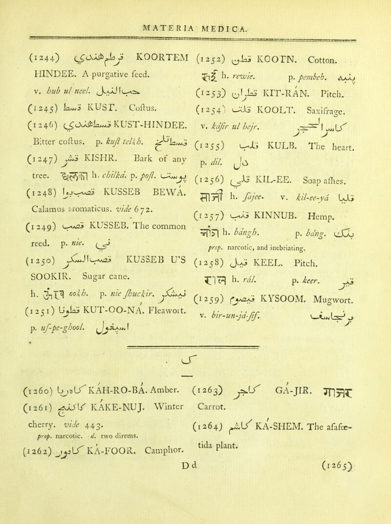 (1244) cS^^^^^J KOORTEM (1252) ^.L-^ KCOTN. Cotton. HINDER. A purgative feed. -^'^ h. rewl^;. ^, pembeh. ^u<Xj V. /jud u/nee/. J.aX}\^2^ (1253) ^^LL^' KIT-RAN. Pitch. (1245) KUSr. Coftus. (1254.) ^1:5 KOOLT. Saxifrao-e. (r 246) c^cX^k^ KUST-HINDEE. v. /-^r u/ hejr. Bitter coftus. ^. kufl teUh. ^L^, ^.^^^^^ j^^lB. The heart. (1247) ^i^* KISHR. Bark of anj p. ^'// tree. ^^^^Hl 1^ • ^/^^^i^^o. M (12 5 6) ^^^^ Soap a/Iies (1248) - KUSSEB BEWA. v. ^//-..-^.^ Calamus .romaticus. .;^. 672. ^^^^^^ ^m^VB, Hemp. KUSSEB. The common • , , , , _ ^ * _ n. p. ^^>?g-. reed. p. nie. / -J j - , • . ^ prop, narcotic, and inebriating. (1250) ylJlL^ KUSSEB U'S (,238) KEEL. Pitch. SOOKIR. Sugar cane. 5--,^ h. rd!. p. 1>. p. «/<./^rf,>. ^,^^^-1 KYSOOM. Mugwort. (,.5i)U>l^KUT-00-NA.Fleawo,t. p, uf-pe-ghool. ^2^^Awj| (1260) Ijjjsiy KAH-RO-BA. Amber. (1263) GA-JIR. TflylC (1261) ^aJ'I/ KAKE-NUJ. Winter Carrot. cherry. i;/y^ 443. (i 264j ^^l/KA-SHEM. The afafoe- prop, narcotic, d. two direms. (1262) ^^.Lr KA-FOOR. Camphor. ^ida plant. Dd (1265);