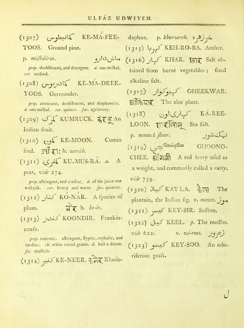 / (^B'^?) U^J^'^i^^ KE-MA-FEE- daphne. p. khurzereh. sJ^jjL. TOOS. Ground pine. (1315) ^j^/' KEH-RO-BA. Amber, p. mapjddroo. jjIci^U (1316)^1^:^ KHAR, -{g]-;^ Salt ob- prop, deobftruent, and deterrent, d. one mifkal. ^ • 1 r 1 ^ ..11 £ j ^ , ^ tained from burnt vesretables ; fixed cor. anileed. ^ (1308) (j^__j.jOlX' KE-MA-DREE- alkaline fait. YOOS. Germander. ('3>7) J^J^ GHEEKWAR. prop, attenuant, deobftruent, and diaphoretic. ^fl^'c^T! The aloe plant, one mifkal. ^ur. quince. agrimony. ^ ^ r ^-^ (13183 ejt-^C^^^r^ KA-REE- (1509) ^X^KUMRUCK. -^r^lTAn ^^ LOON. Xl-l<|{^73 Sea fait. Indian fruit. ' ^ ^ p. fiemuck flooor. j 4.iij'cX„J (1310) ^,*r KE-MOON. Cumin T (1319) GHOONG feed, x^l ill: V„'' (1311) c^yr KU-MUS-RA. a. A pear, vide 274. /r(5/). aftringent, and cardiac, a', of the juice one ^^^^ 759* wekyah. cor. honey and water. >r. quinces. (^1^20) KAYLA. Thc C1212) KO-Ni\R. A fpecies of i , • t r i: v.^ J^^ / ^ i plantam, the Indian hg. v. moivz. j plum. h. ^.-/V. ^^^^^.^ KEY-SIR. Saffron. (1313) KOONDIR. Frankin- r rri7T . (1322) keel. p. The medlar. cenfe. f/'^/d 6 2 2-. V. zd-roos, /irc/i. narcotic, aftringent, ftyptic, cephalic, and cardiac. ^A. white round grains, d. half a direm. (^1323) ^^^-f^ f KEY-SOO. An odo-- Juc maftich. ^ '1::^. 1 riferous s;rais. (131\) jt^f KE-NEER. Rhodo- ^ CHEE. ^|7l^ A red berry ufed as a weight, and commonly called a rutty^ J