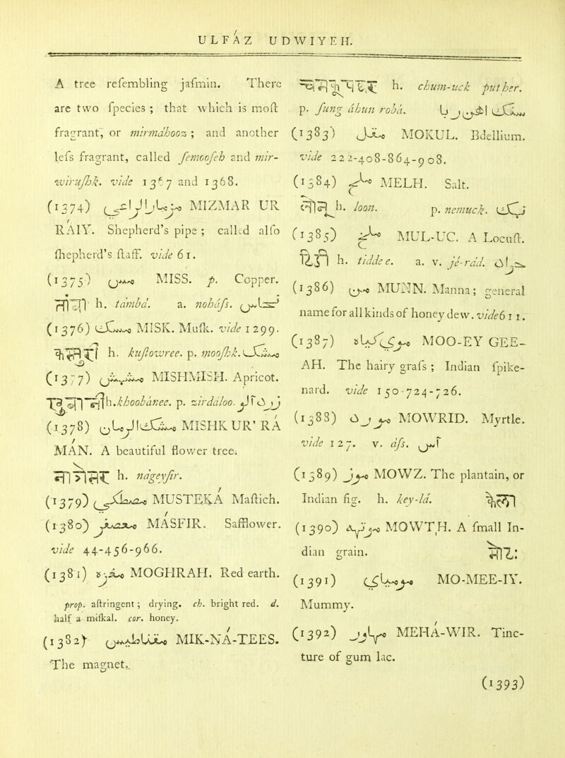 A tree refembling jafmin. There ^J^^m,^ h. chunuuck put her. are two fpecies ; that which is mod: p. Jung dhiin rohlu ^ J^^\ fragrant; or mirmdhooz\ and another (1383') JJLe MOKUL. Bdellium. lefs fragrant, called femoofeh zvA m'lr- vide 22:5-408-864-^08. ivh-djhk. vide 13^7 and 1368. (i5^4) ■^'^ MELH. Salt. (1574) MIZA'IAR UR loon. p. nemuc.}. RAIY. Shepherd's pipe; calhdalfo (1385) ^ MUL-UC. A Locufl. fliepherd's ftaff. vide 61. ^-jj^^^ y. JJ-rdd 0.1^=. (1-7^) ( MISS. *- Copper. , ■,,rT^,,, ^ ^ . (13S6) MUx^IN. Manna; general T^^T h. tdmhd. a. nohafs. 1 y^V::^ . . , ' ^ w nameforallkindsof honeydevv.7;/Vf611. (1376) (cJl^ MISK. Mufli. vide 1299. ^ (1387) ^^^OO-EYGEE-. cj^^Tf n. kujtowree. p, mooJbk.^^J^^^ ' AH. The hairj grafs ; Indian fplke- nard. vide i ■^24-'^ 26. (13:7) ^^>i^ MI3HMISH. Apricot. 'J^^l^'y^h.kljool^anee. p. zlrdd/00. y (.^378) ^Uyi^^.MISHKUR'RA ^^^SS) ..^^ MOWRID. Myrtle. MAN. A beautiful flower tree, h. ndgevfir. (i 389) MOWZ. The plantain, or (1379) (^-<k^ MUSTEK A Maftich. Indian fig. h. keydd. \^ t (1380) ^A.^ MASFIRo Saffiower. (1390) a^jj^ MOWTH. A fmall In- vlde 44-456-966. dian j^rain. (1381) .^^MOGHRAH. Red earth. ^^^^^^ ^y^^^ MO-MEE-IY. prop, aftringent; drying, ch. bright red. d. Mummj. half a m-ifkal. cor. honey. ^ (,38.y u^lU. MIK-NA-TEES. MEHA-WIR. Tmc- ^ ture of cruni lac. The nmagnet... ° (1393)