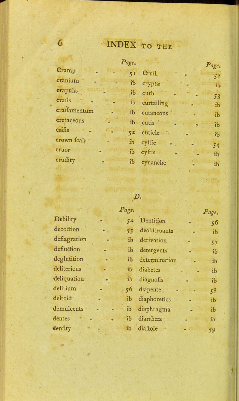 Cramp - - 51 Cnift . ^, cranium - . crypto . , - ib curb . - . ^3 ^^'^ - - ib curtailing . {[, craflkmentum . ib cutaneous . Jb cretaceous . ib cutis , , ^^^^ - - 52 cuticle . ib crown fcab - ib cyRic . , - ib cyftis . . ib ■ ib cynanche , ib p. ^S'- Page. Debility 54 Dentition , ^5 decodion , 55 deobftruants . ib deflagration - ib derivation - ^7 defluftion - ib detergents - ib deglutition - ib determination . ib deliterious - ib diabetes - - ib deliquation - ib diagnofis . ib delirium - , 56 diapente - . 58 deltoid - ib diaphoretics - ib demulcents - - ib diaphragma - ib dentes - <. ib diarrhoea - ib denfity - ib diaftole - . 59
