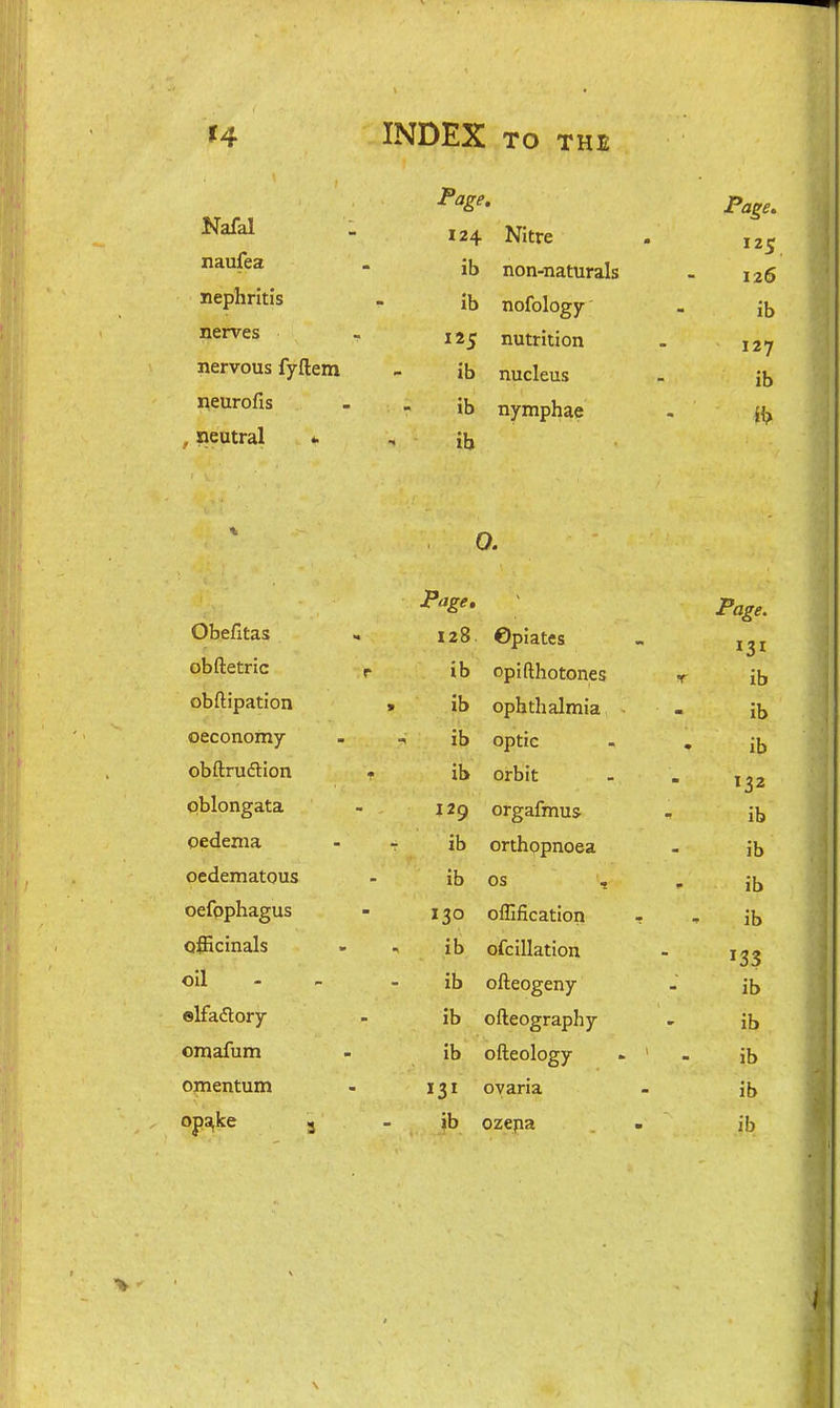 Nafal naufea nephritis nerves nervous fyftem neurofis , neutral * Page. 124 Nitre ib non-naturals ib nofology 125 nutrition ib nucleus ib nymphae ib Page, Obefitas 128 ©piates obftetric r ib opifthotones obftipation ib ophthalmia oeconomy -« ib optic obftrudtlon f ib orbit oblongata 129 orgafmus oedema ib orthppnoea oedematous ib OS , oefpphagus 130 offification ofiicinals ib ofcillation oil ib ofteogeny elfadtory ib ofteography omafum ib ofteology omentum oyaria