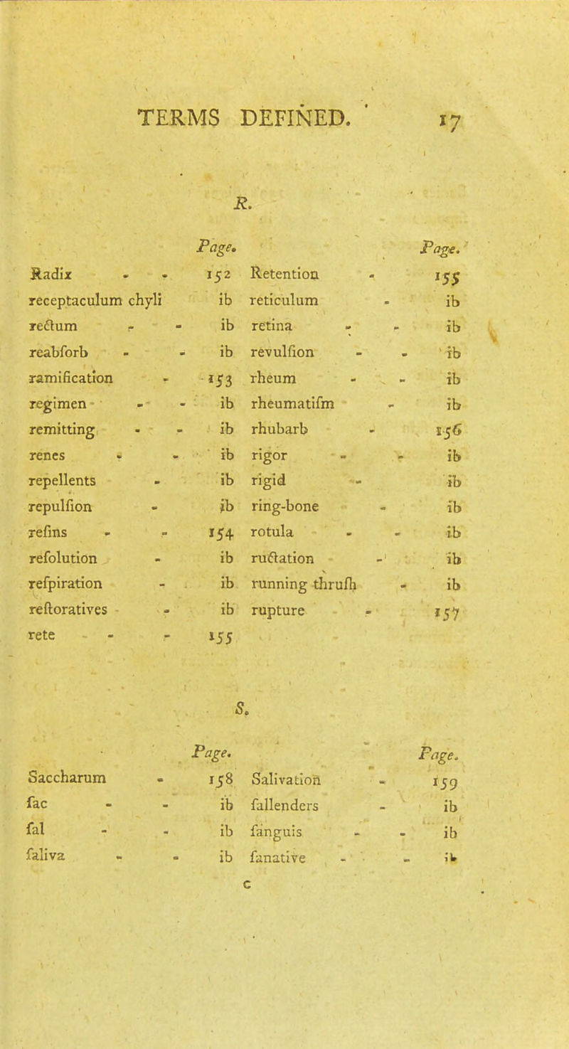 R. Page* Pag£. Radix - - 152 Retention - 15 j receptaculum chyli ib reticulum - ib xeflum - - ib retina - - Jb reabforb - - ib revulfion - - ib ramification - 153 rheum - - jb regimen - - ib rheumatifm - ib remitting - - ib rhubarb - 1.56 renes - - ib rigor - - ib repellents - ib rigid - ib repulfion - ib ring-bone - ib refms - - 154 rotula - - ib refolution - ib ruftation - ib refpiration - ib running thrufh - ib reftoratives - ib rupture - 157 rete - - 155 S. Page. Page. Saccharum - 158 Salivation - ijcj fac - - ib fallenders - ib fal - - ib fanguis - - ib falivE - - ib fanative - - ;w c