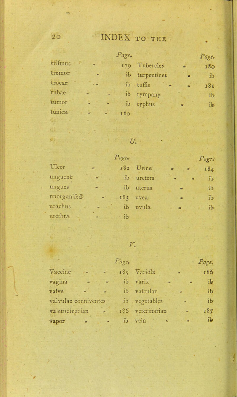 P'W* Page. t*'^^' - 179 Tubercles - 180 tremor . turpentines • ib tro'^ar ib tuffis - - 181 ^^^^ - - ib tympany ib tior . . ib typhus - , tunica - . i8o U. P^'gf' Page. Ulcer - 182 Urine - - 184 unguent - ib ureters - - ib ungues - ib uterus • ib miorganlfed;- - 183 uvea - ib urachus - ib uvula • ib wrethra . - ib- V. Page, t'og^. Vaccine = - 185 Variola - 186 vagina - - ib varix - - ib Valve - - ib vafcular - ib vaivulae conniventes ib vegetables - ib valetudinarian - 186 veterinarian - iS^ vapor » - ib vein « - ife