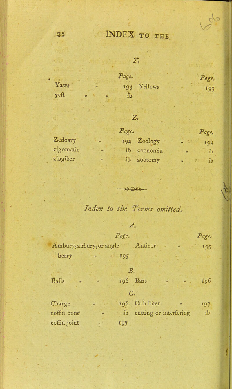 r. Yaws yell; Page. 193 Yellows lb Page, 193 Zefdoary zigomatic ziogiber Z. Page, 194 Zoolo^ ib zoonorma ib zootomy Page. 194 ib ib —— Index to the Terms omittedo Page. ' Ambury, anbury,or angle Anticor berry - 195 Balls - - ig6 Bars « - . 196 C. Charge - 196 Crib biter - 197 coffin bone - ib cutting or interfering ib coffin joint ; 197 Page. ^9S
