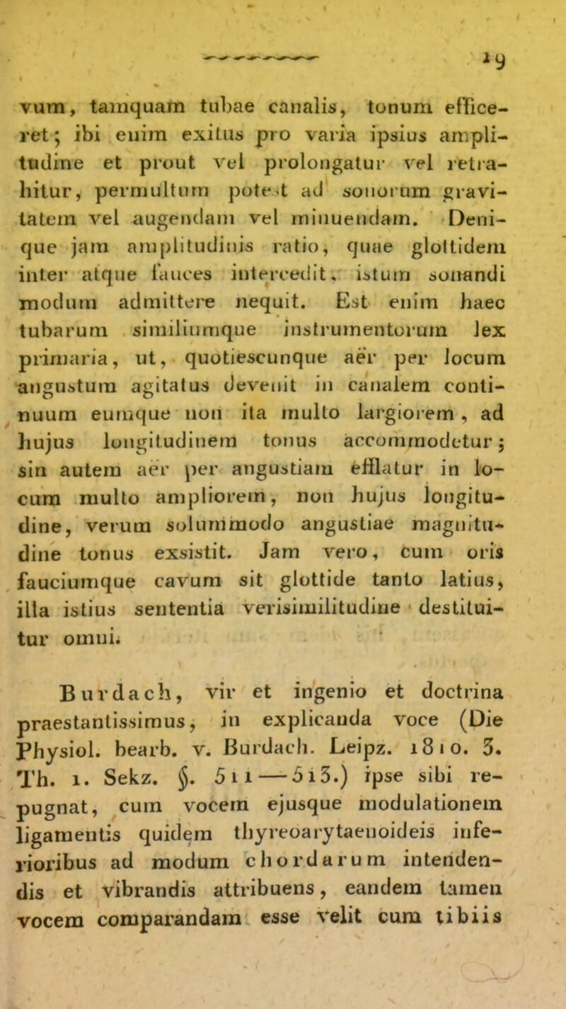 vum, tamquam tubae caualis, tonum effice- ret; ibi euim exitus pro varia ipsius ampli- tndine et prout vel prolongatur vel retia- hitur, permultum pote-t ad souoium gravi- tatem vel aug&ndam vel minuendam. Deni- que jam nmplitudiuis r;itio, qune glottidem inter atque iauces iutercedit, istum souandi modum admittere nequit. Est enim haec tubarum similiumque instrumentorum Jex primaria, ut, quotiescunque aer per iocum angustura agitatus deveuit in canalem conti- nuum euinque non ita mullo largiorem , ad hujus longitudiuern tonus accommodetur; sin autem aer per angustiam eftlatur in lo- cum multo ampliorem, non hujus lougitu- dine, verum solummodo angustiae magtiitu- dine tonus exsistit. Jam vero, cum oris fauciumque cavum sit glottide tanto latius, illa istius sententia verisimilitudine destitui- tur omui. Burdach, vir et ingenio et doctrina praestantissimus, in explicauda voce (Die Physiol. bearb. v. Burdaeh. Leipz. 1810. 3. Th. 1. Sekz. J. 5 11—5i3.) ipse sibi re- pugnat, cum vocera ejusque modulationem ligamentis quidern thyreoarytaeuoideis infe- rioribus ad modum chordarum intenden- dis et vibrandis attribuens, eandem tamen vocem comparandam esse velit cum tibiis