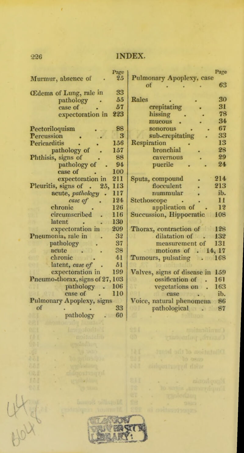 Page Murmur, absence of eo ffidema of Lung, rale in pathology case of 57 expectoration in ZZO Pectonloquism . DO Percussion . 3 Pericarditis 156 pathology of 157 Phthisis, signs of pathology of 88 case of 100 expectoration in Q1 1 Pleuritis, signs of . 25, 113 acute, pathology . 117 case of 1 Q 4 chronic l>co circumscribed 1 lo latent • . ioU expectoration hi 209 Pneumonia, rale in 32 pathology 37 acute 38 chronic 41 latent, case of 51 expectoration in 199 Pneumo-Uiorax, signs of 27, 103 pathology . 106 case of 110 Pulmonary Apoplexy, signs of 33 pathology 60 Page Pulmonary Apoplexy, case of . . . 63 Rales . . 30 Crc[Jl Lit 111 Ig • ox ft 1 ccin cr 34 67 sub-crepitating 33 Respiration 13 uruiiciiidi • /CO (J<1 V V. 1 11LIU3 • SQ 24 Sputa, compound 314 flocculent 213 fllllYlTTIIllflr ib. 11 application of • 12 Thorax, contraction of 128 dilatation of 132 measurement of 131 motions of . 14 , 17 Tumours, pulsating 1G8 Valves, signs of disease in 159 ossification of . 161 vegetations on . 163 case ib. Voice, natural phenomena 86 pathological 87