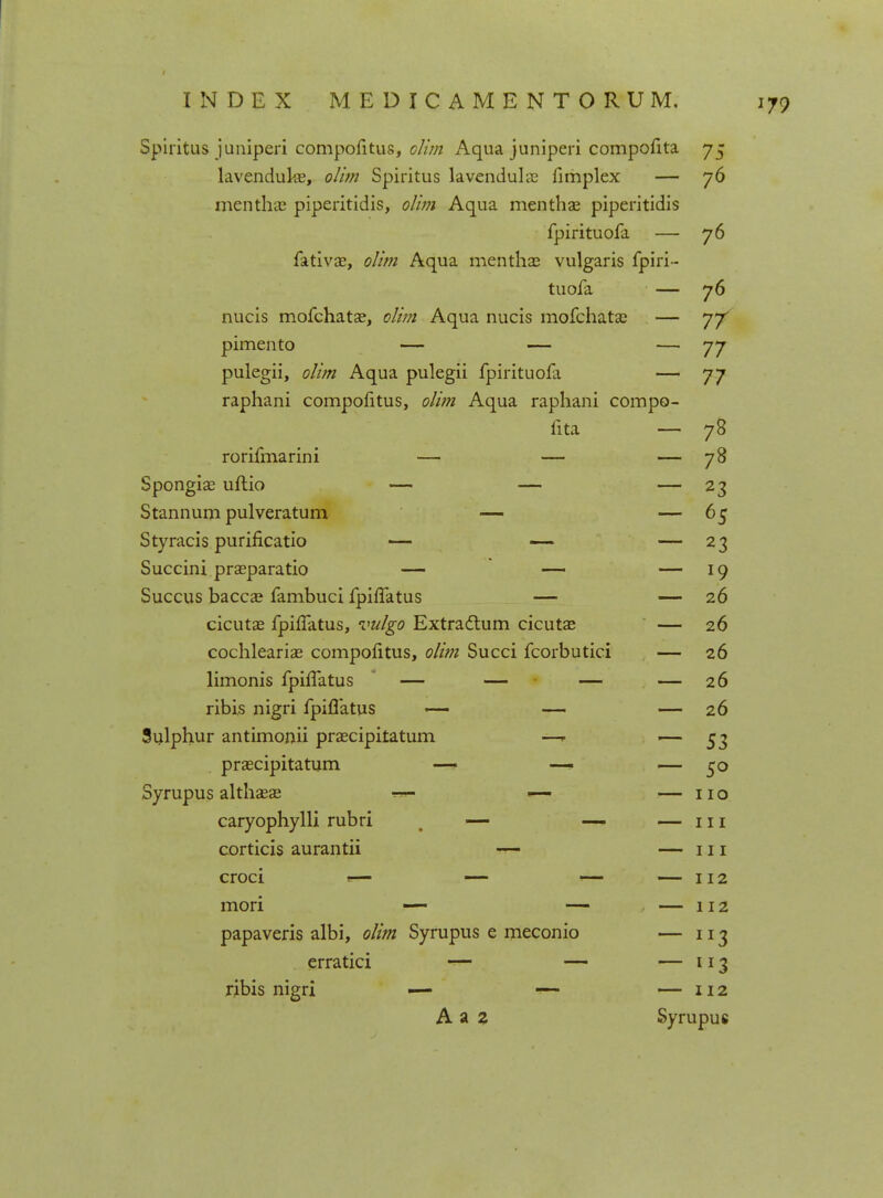 Spiritus juniperi compofitus, oJim Aqua juniperi com: pofita 75 lavenduke, o/im Spiritus lavenduhc fimplex — 76 menthae piperitidis, olim Aqua menthae pipe ritidis fpirituofa — 76 fativae, olim Aqua menthae vulgaris fpiri-- tuofa 76 nucis mofchatae, oJim Aqua nucis mofchatae 77 pimento — — 77 pulegii, olim Aqua pulegii fpirituofa 77 raphani compofitus, oiim Aqua raphani compo- fita —— 78 rorifmarini — — — 78 Spongiae uftio — — — 23 Stannum pulveratum — —- 65 btyracis punficatio — — 23 Succini praeparatio — — — 19 Succus baccae fambuci fpiflatus — 26 cicutae lpifiatus, vulgo Extractum cicutae 26 cochleariae compofitus, olim Succi fcorbutici 26 limonis fpiflatus — — — 26 ribis nigri fpiflatus — — 26 Sulphur antimonii praecipitatum —<> 53 praecipitatum —? —* 5° Syrupus althaeae ™- «—« 110 caryophylli rubri t — — 111 corticis aurantii — 111 croci «— — — 112 mori — — 112 papaveris albi, olim Syrupus e meconio JI3 erratici — 3 ribis nigri — — 112 A a 2 Syrupus