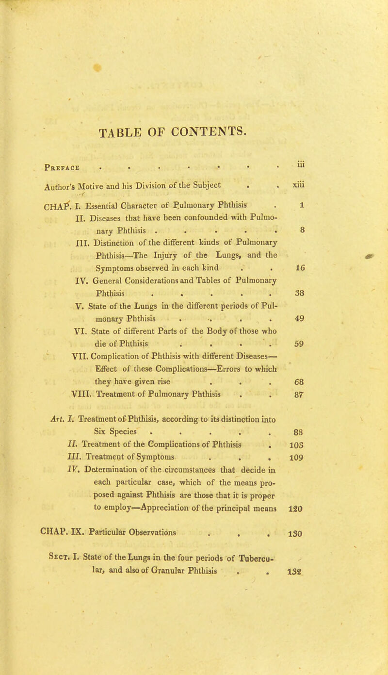 TABLE OF CONTENTS. Pkbface m Author's Motive and liis Division of the Subject . . xiii CHA^. I. Essential Character of pulmonary Phthisis . 1 II. Diseases that have been confounded with Pulmo- nary Phthisis ..... 8 III. Distinction of the different kinds of Pulmonary Phthisis—The Injury of the Lungs, and the Symptoms observed in each kind . . 16 IV. General Considerations and Tables of Pulmonary Phthisis ..... 38 V. State of the Lungs in the different periods of Pul- monary Phthisis . , .49 VI. State of different Parts of the Body of those who die of Phthisis .... 59 VII. Complication of Phthisis with different Diseases— Effect of these Complications—Errors to which they have given rise ... 68 VIII. Treatment of Pulmonary Phthisis . . 87 Art. I. Treatment of Phthisis, accordmg to its distinction into Six Species ..... 83 11. Treatment of the Complications of Phthisis . lOS UI. Treatment of Symptoms . . , 109 IV. Determination of the circumstances that decide in each particular case, which of the means pro- posed against Phthisis are those that it is proper to employ—Appreciation of the principal means 120 CHAP. IX. Particular Observations . , . 130 Sect. I. State of the Lungs in the four periods of Tubercu- lar, and also of Granular Phthisis . . 138