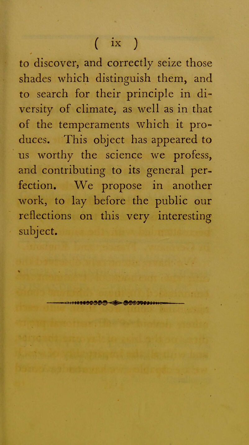 ( ) to discover, and correctly seize those shades which distinguish them, and to search for their principle in di- versity of climate, as well as in that of the temperaments which it pro- duces. This object has appeared to us worthy the science we profess, and contributing to its general per- fection. We propose in another work, to lay before the public our reflections on this very interesting subject.