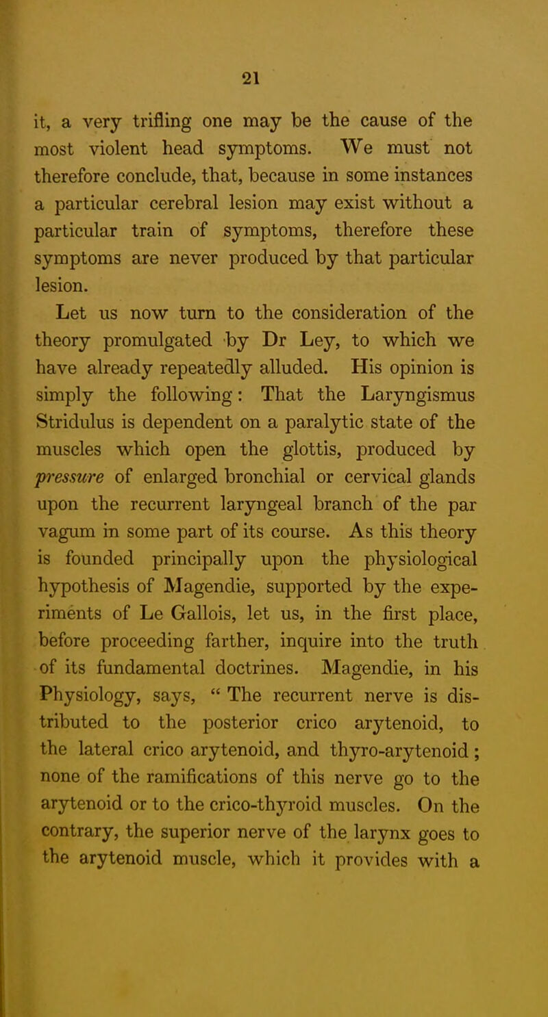 it, a very trifling one may be the cause of the most violent head symptoms. We must not therefore conclude, that, because in some instances a particular cerebral lesion may exist without a particular train of symptoms, therefore these symptoms are never produced by that particular lesion. Let us now turn to the consideration of the theory promulgated by Dr Ley, to which we have already repeatedly alluded. His opinion is simply the following: That the Laryngismus Stridulus is dependent on a paralytic state of the muscles which open the glottis, produced by pressure of enlarged bronchial or cervical glands upon the recurrent laryngeal branch of the par vagum in some part of its course. As this theory is founded principally upon the physiological hypothesis of Magendie, supported by the expe- riments of Le Gallois, let us, in the first place, before proceeding farther, inquire into the truth of its fundamental doctrines. Magendie, in his Physiology, says,  The recurrent nerve is dis- tributed to the posterior crico arytenoid, to the lateral crico arytenoid, and thyro-arytenoid; none of the ramifications of this nerve go to the arytenoid or to the crico-thjn'oid muscles. On the contrary, the superior nerve of the larynx goes to the arytenoid muscle, which it provides with a