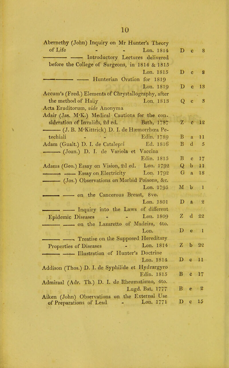 Aberncthy (John) Inquiry on Mr Hunter's Theory of Life - T,nn 1S14. T\ XJ D o X ii tl L/LA y J_jCL LU I Co UCli V CFCU nPT/>VP friP f^nllpfTP f\f* QiivrronnQ in 1 fll Sir Ifilt UciUic tllC X^UliclTc Ul OUlgcUllS^ 111 IOIt.^ oC JoiO U c Q O r\ U c /YLcuui s ^^rreu.j x^jieiiienis oi v^nrysiaiiograpnyj arier me meinoii oi jriauy J^on, lis 13 c /\cta i!/ruuiioi uin, viae i\iionynia Auair fjas. ivi'A..) ivieciicai i^auuons lor tne con- 7 JLJ A 12 ■ R M'Kitti'irlc^ T fin H'rmnrrhrri Pr lecniaii - - xjuin. i / oy P SL 1 1 i\.uani ^^vjuaii.^ u. i, cie i^ataiepni ilci. ioio A u o c A /Jom e f C^afx \ 17ceotr r\Y\ \/iQTnn 9m pm T .rtn 1 T09 xlUclIlla I VjcU. I XjoartV Oil V lalUll^ -CU cu.# l-ifii* l / o b 1 ] G 18 T r»n 1 70*^ JUUlU 1 / y«j M u X Lon. 1801 D a 2 Xjpicicinic uiseases - - jjuh- xouy z d 22 T C\Tt D T'l'^anfloo flip .^iinnnQpfl T-Tpvpnitarv Jrroperties oi jJiseases - juou. loi* z 22 Illustration of Hunter's Doctrine T 1814. JLiUlI. J O 1 'Jb n v# 11 A ^ Addison (Thos.) D. I. de Syphilide et Hydrargyro Edin. 1815 B c 17 Admiraal (Adr. Th.) D. I. de Rheumatismo, 4to. Lugd. Bat. 1777 B e 2 Aiken (John) Observations on the External Use of Preparations of Lead - Lon. 1771